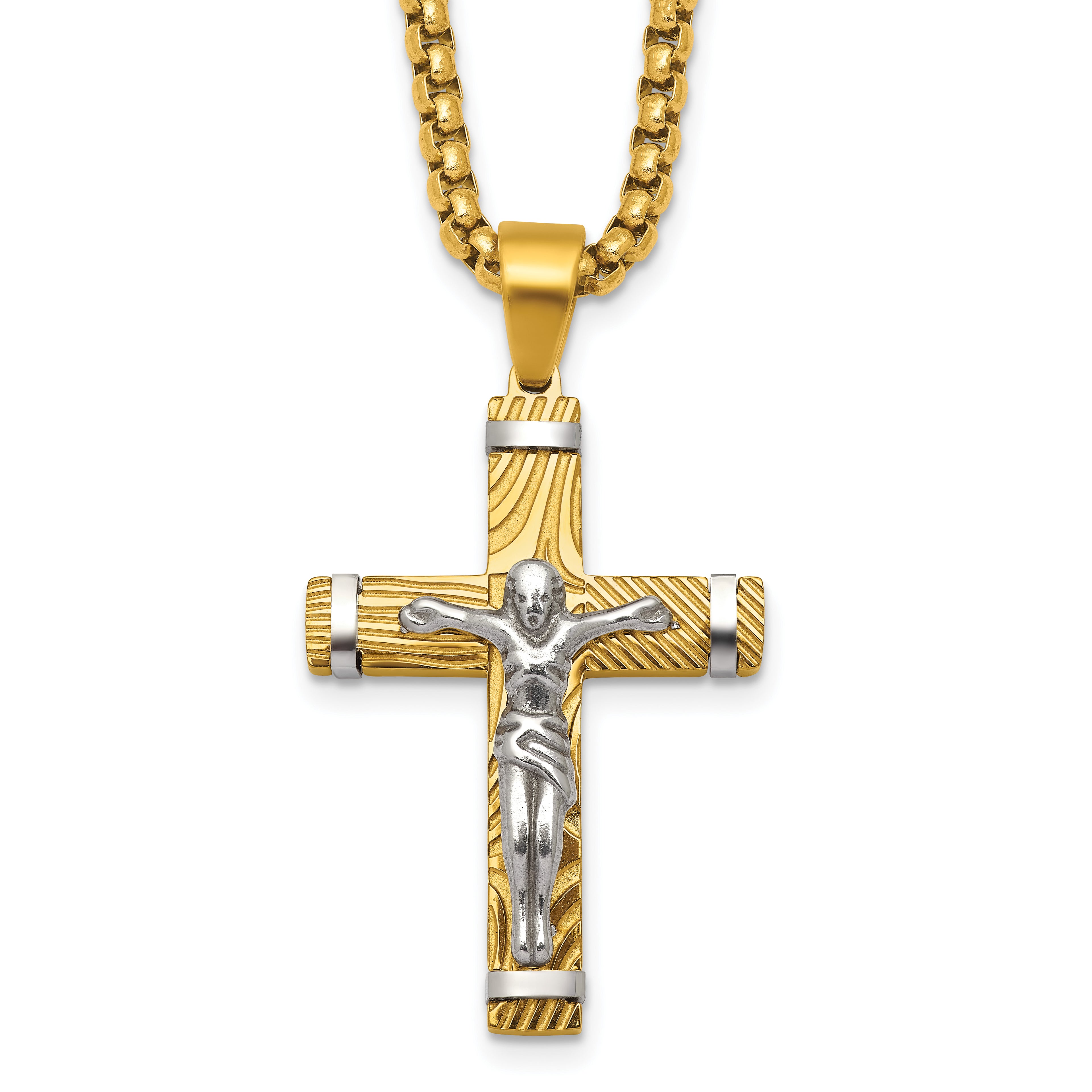 Gold-Tone Brushed and Polished Crucifix Stainless Steel Rolo Chain Necklace