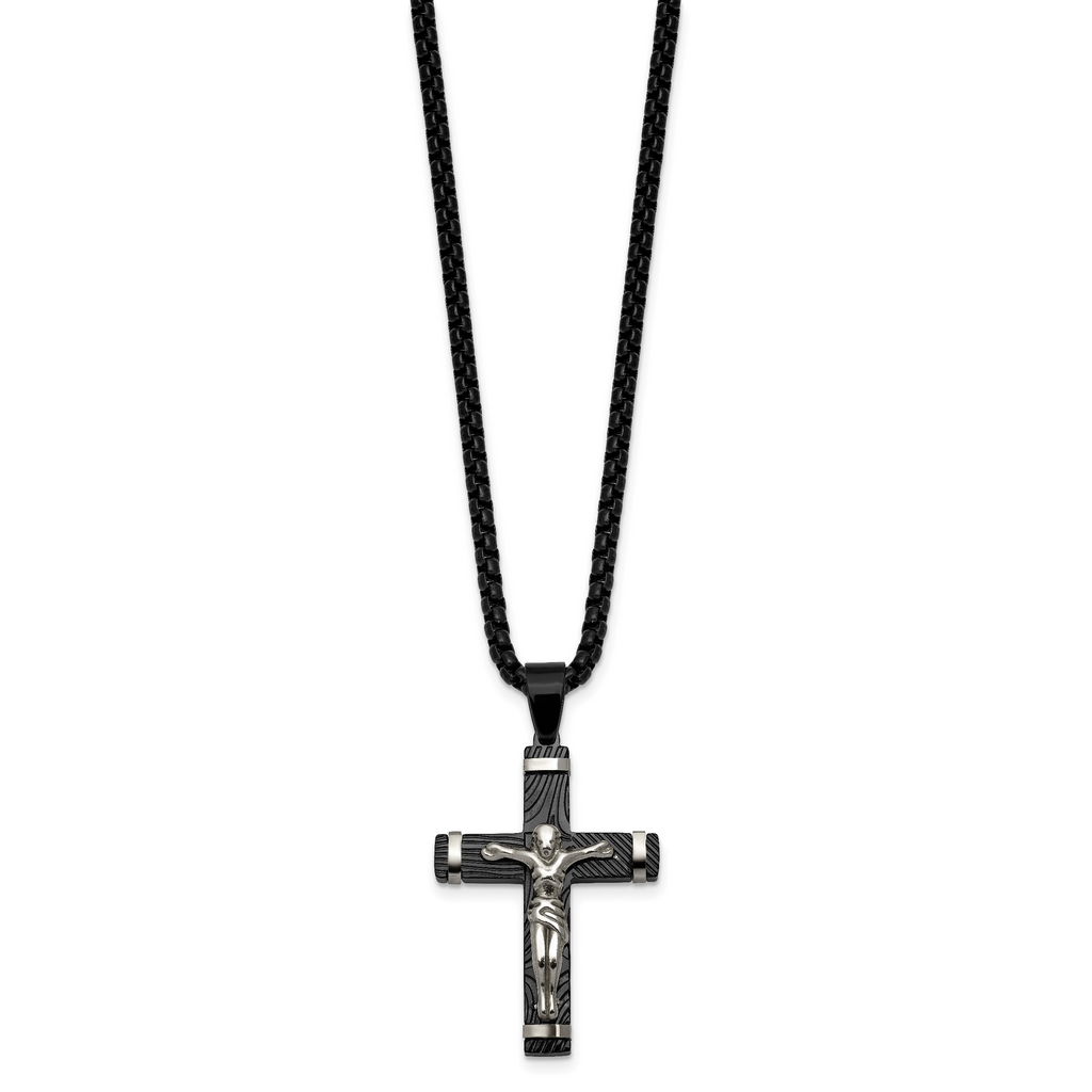 Black Ion-Plated Polished Crucifix Stainless Steel Rolo Chain Necklace