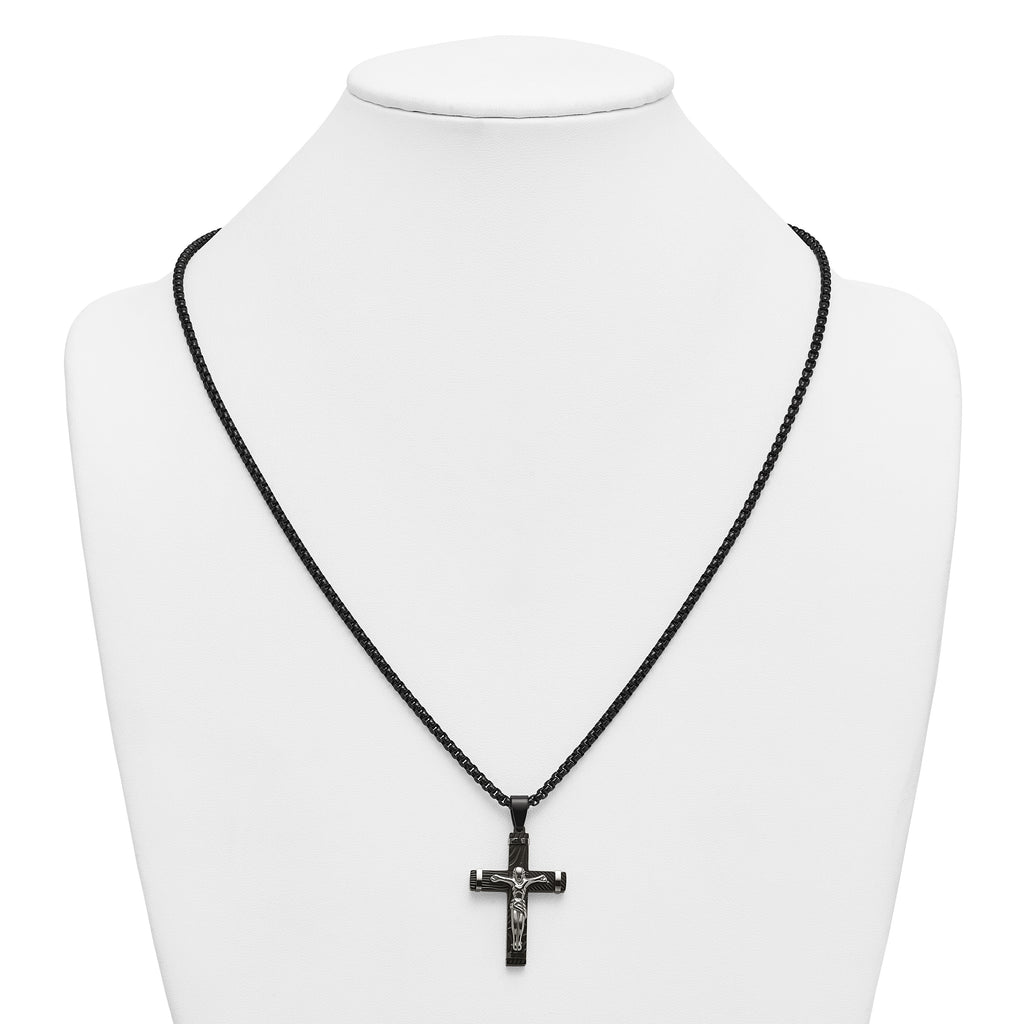 Black Ion-Plated Polished Crucifix Stainless Steel Rolo Chain Necklace