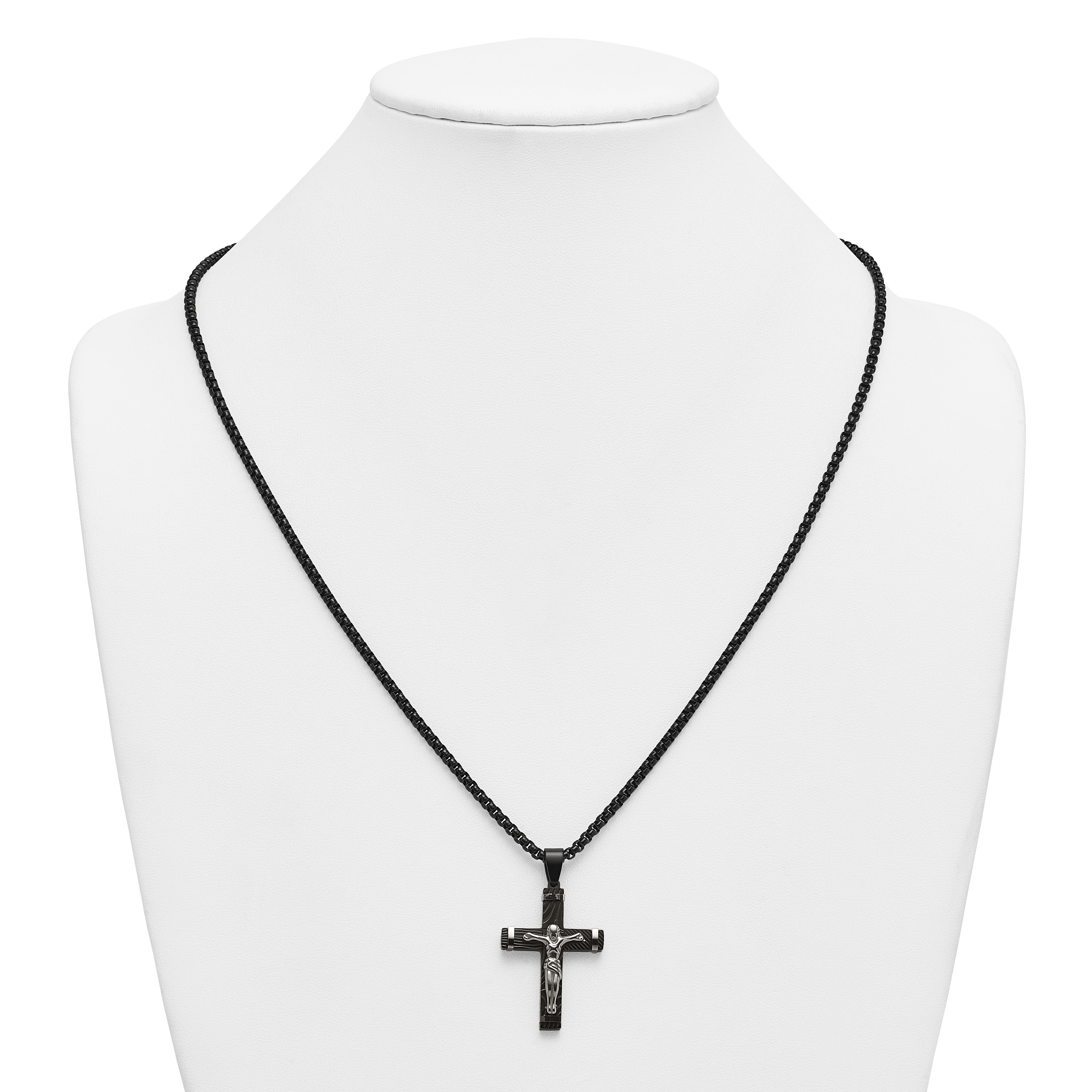 Black Ion-Plated Polished Crucifix Stainless Steel Rolo Chain Necklace
