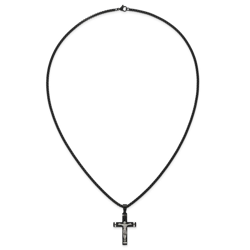 Black Ion-Plated Polished Crucifix Stainless Steel Rolo Chain Necklace
