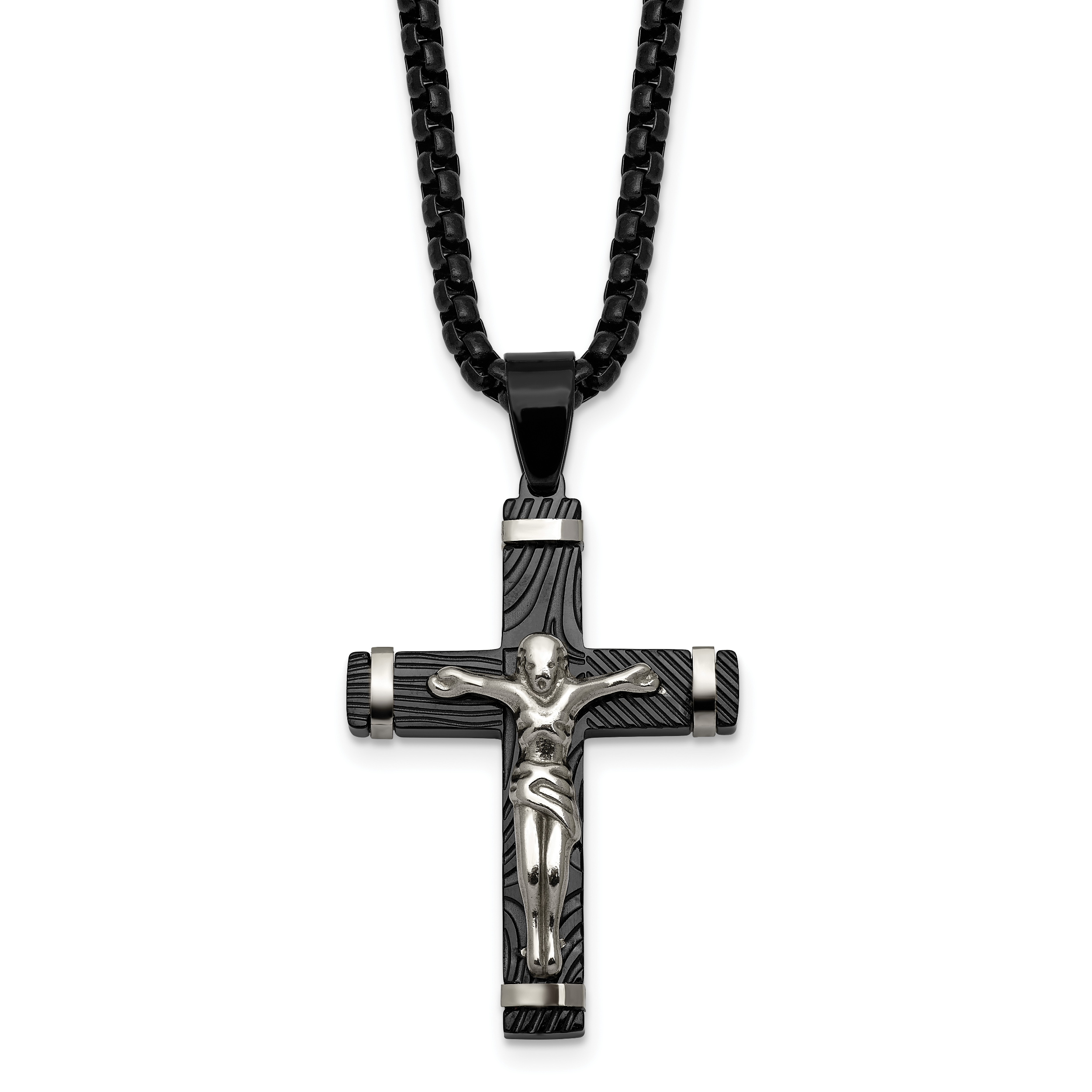 Black Ion-Plated Polished Crucifix Stainless Steel Rolo Chain Necklace Main image