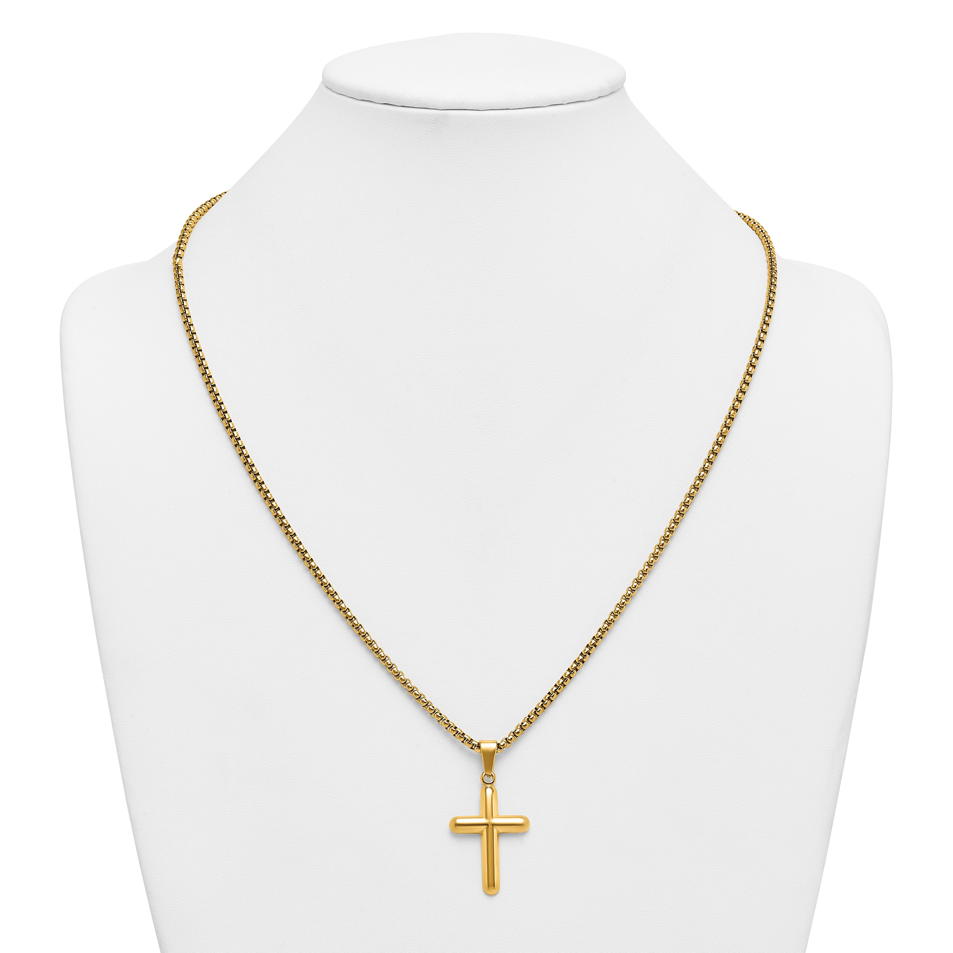 Gold-Tone Polished Cross Stainless Steel Rolo Chain Necklace 24in