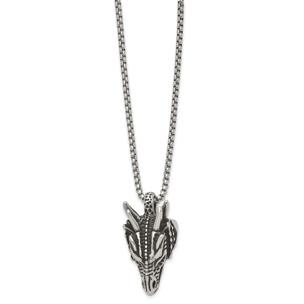Antiqued Dragon Stainless Steel Rolo Chain Necklace
