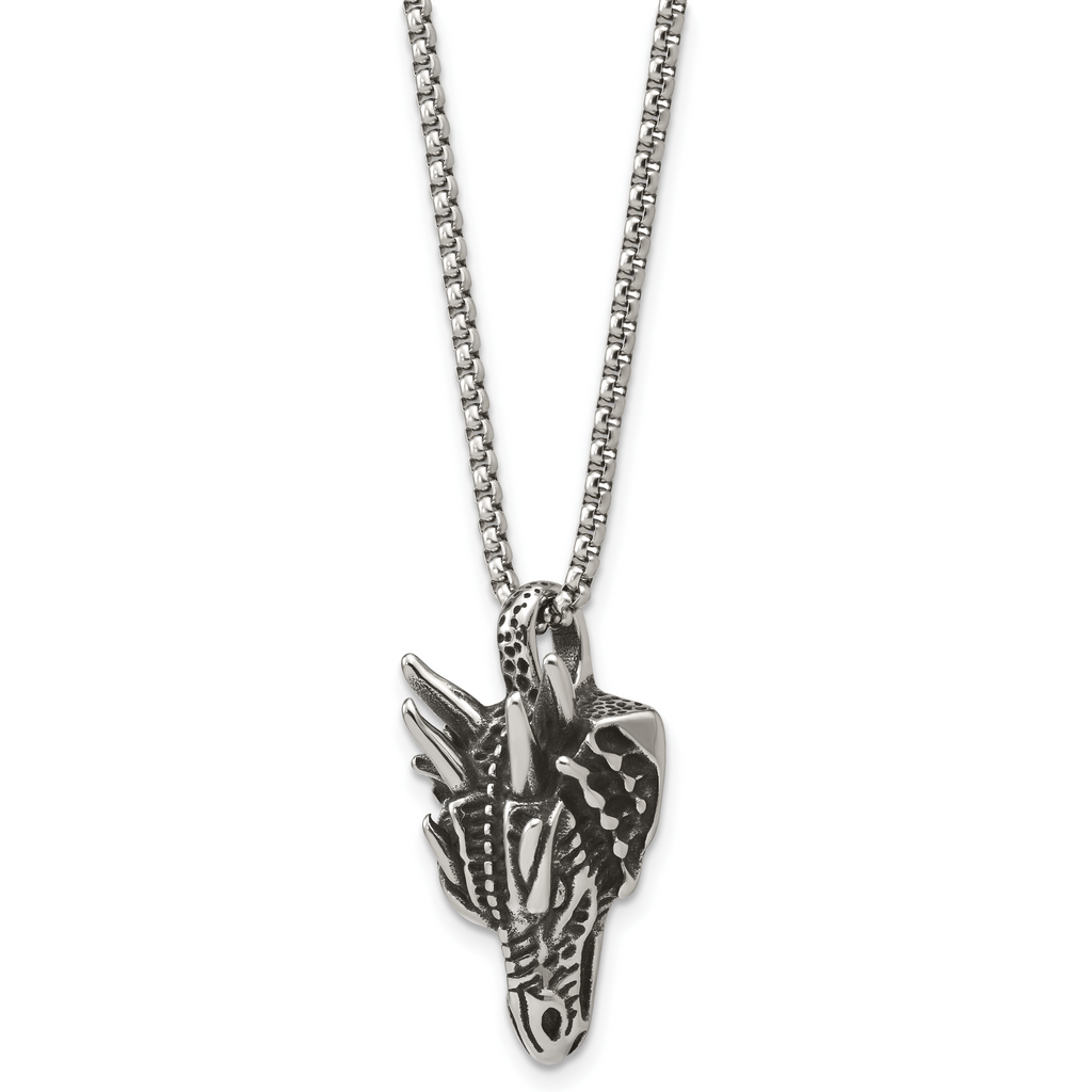 Antiqued Dragon Stainless Steel Rolo Chain Necklace