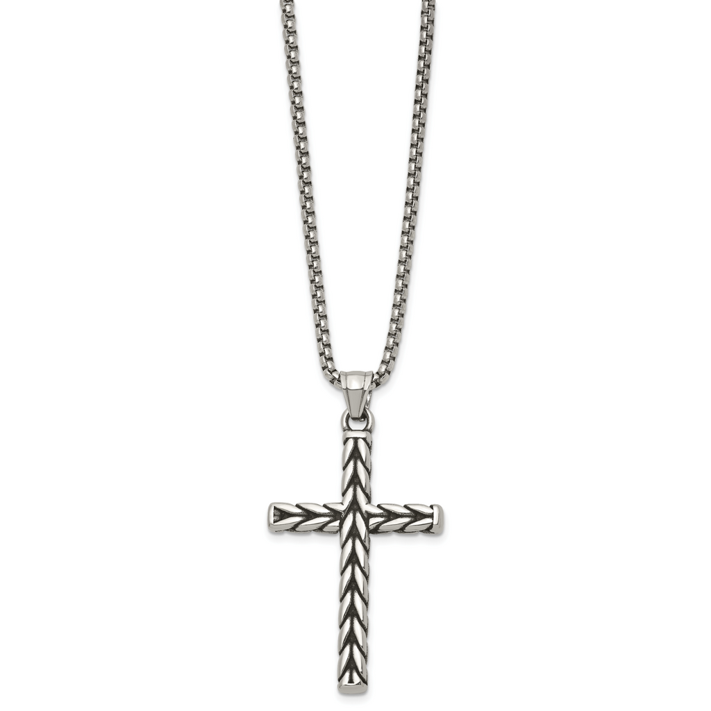 Antiqued Cross Stainless Steel Rolo Chain Necklace