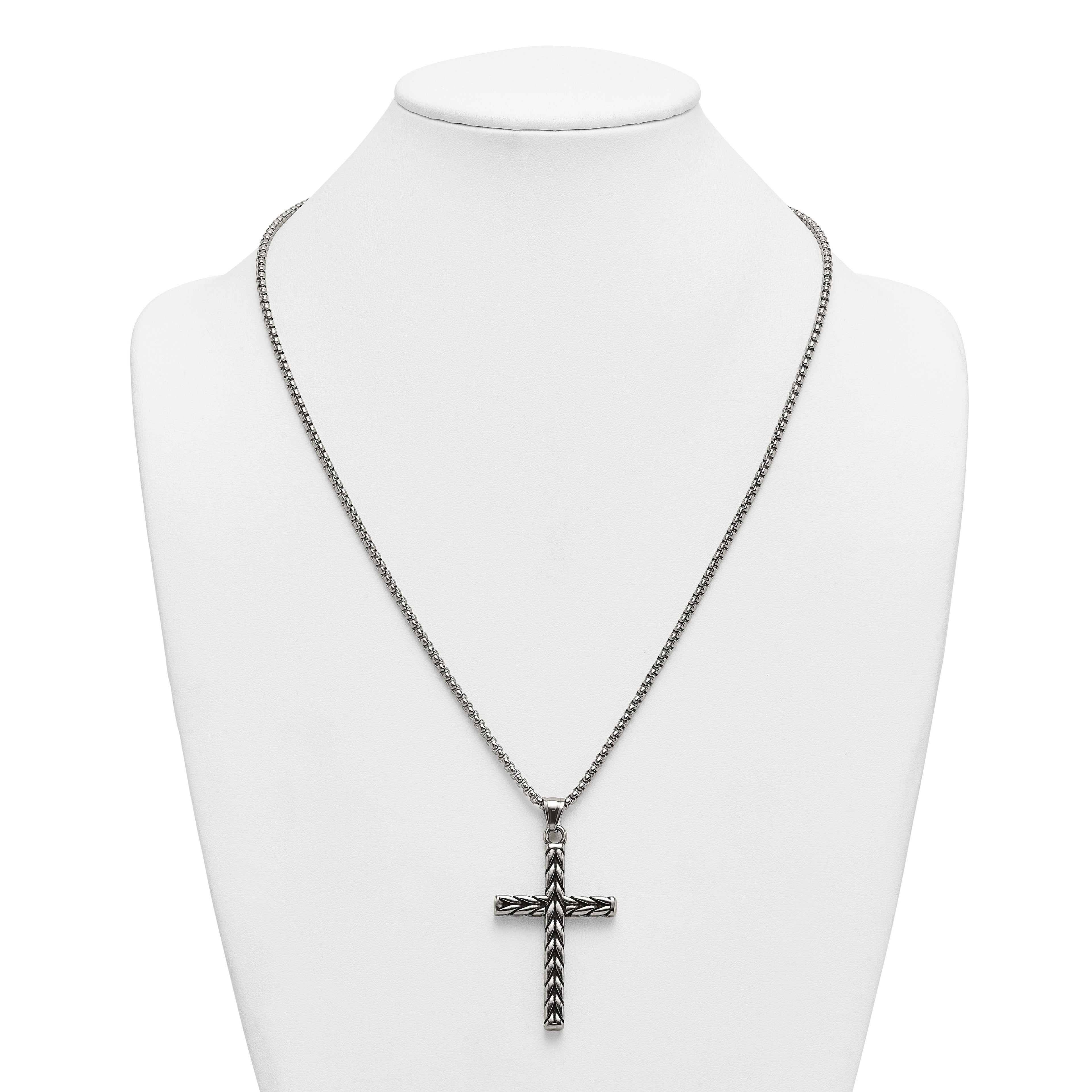 Antiqued Cross Stainless Steel Rolo Chain Necklace
