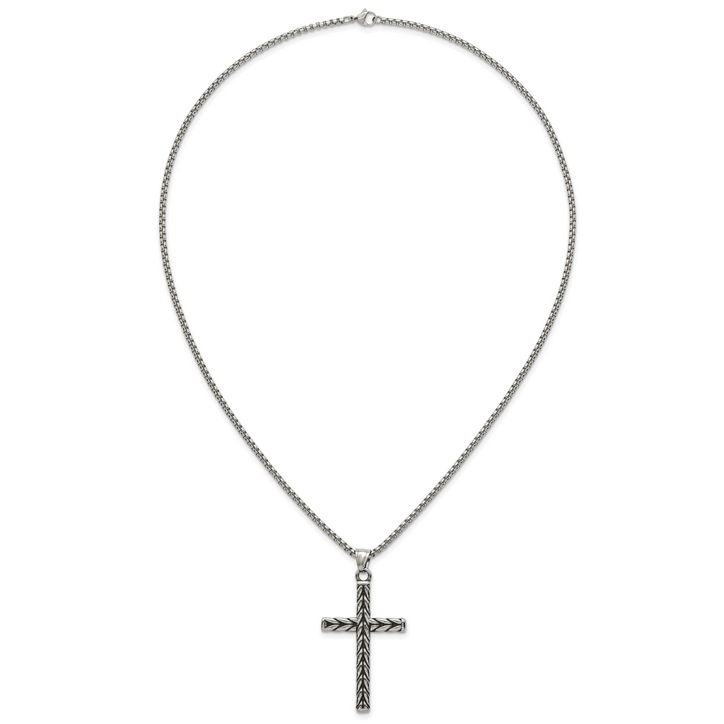 Antiqued Cross Stainless Steel Rolo Chain Necklace