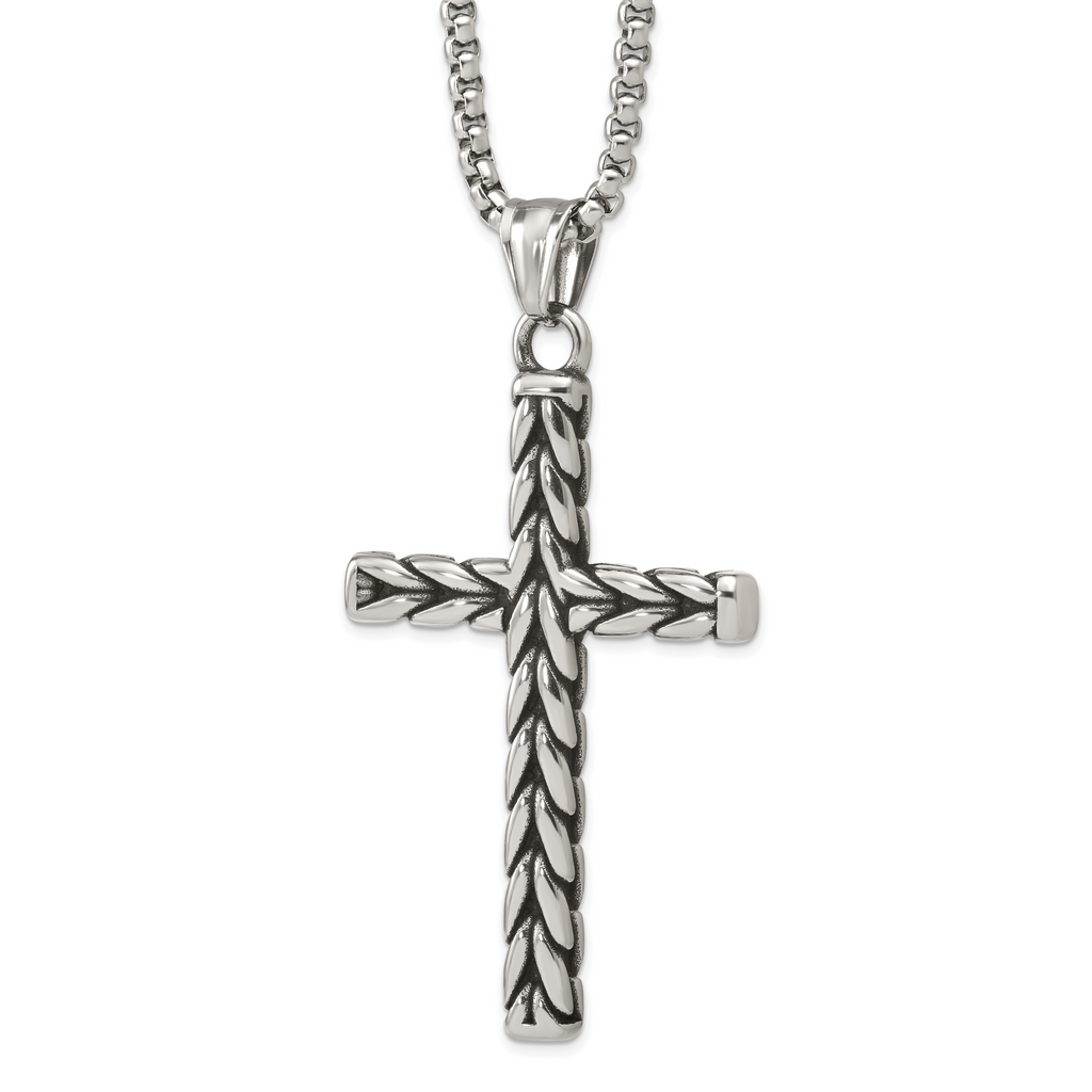 Antiqued Cross Stainless Steel Rolo Chain Necklace
