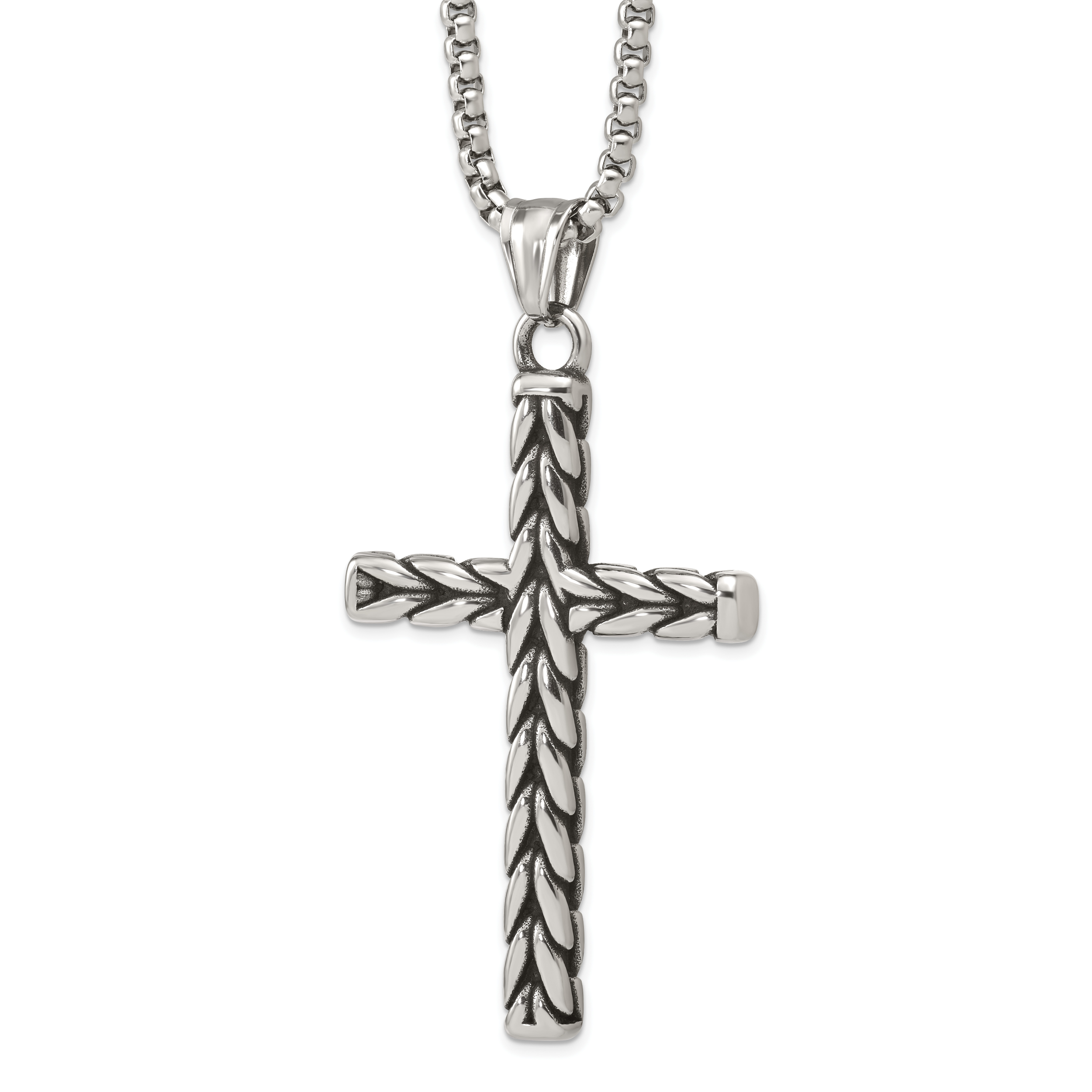 Antiqued Cross Stainless Steel Rolo Chain Necklace