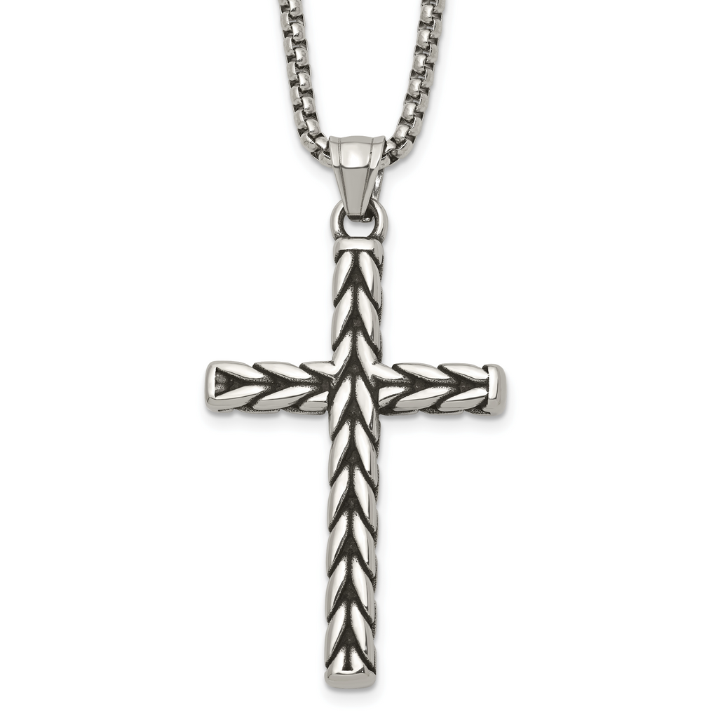 Antiqued Cross Stainless Steel Rolo Chain Necklace