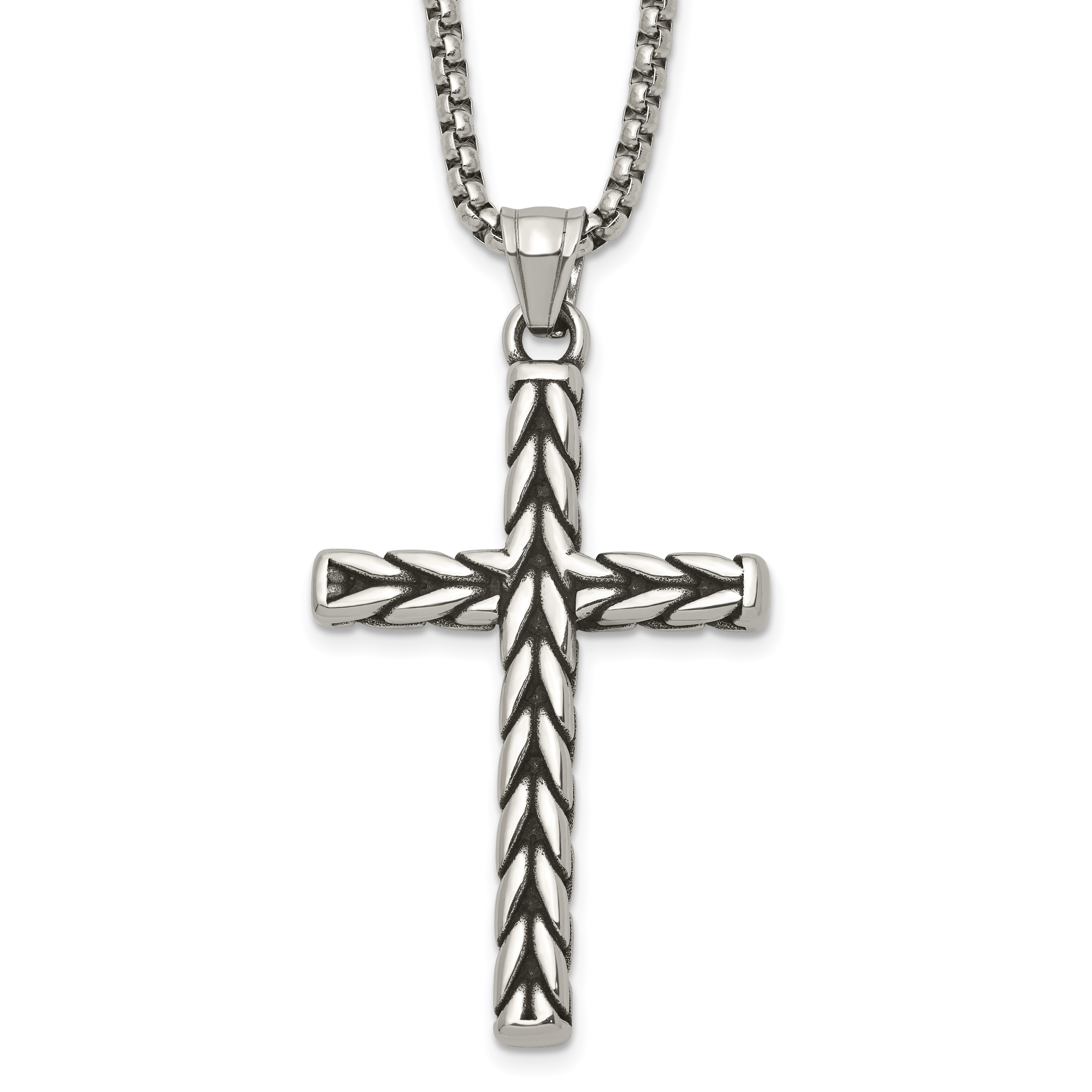 Antiqued Cross Stainless Steel Rolo Chain Necklace
