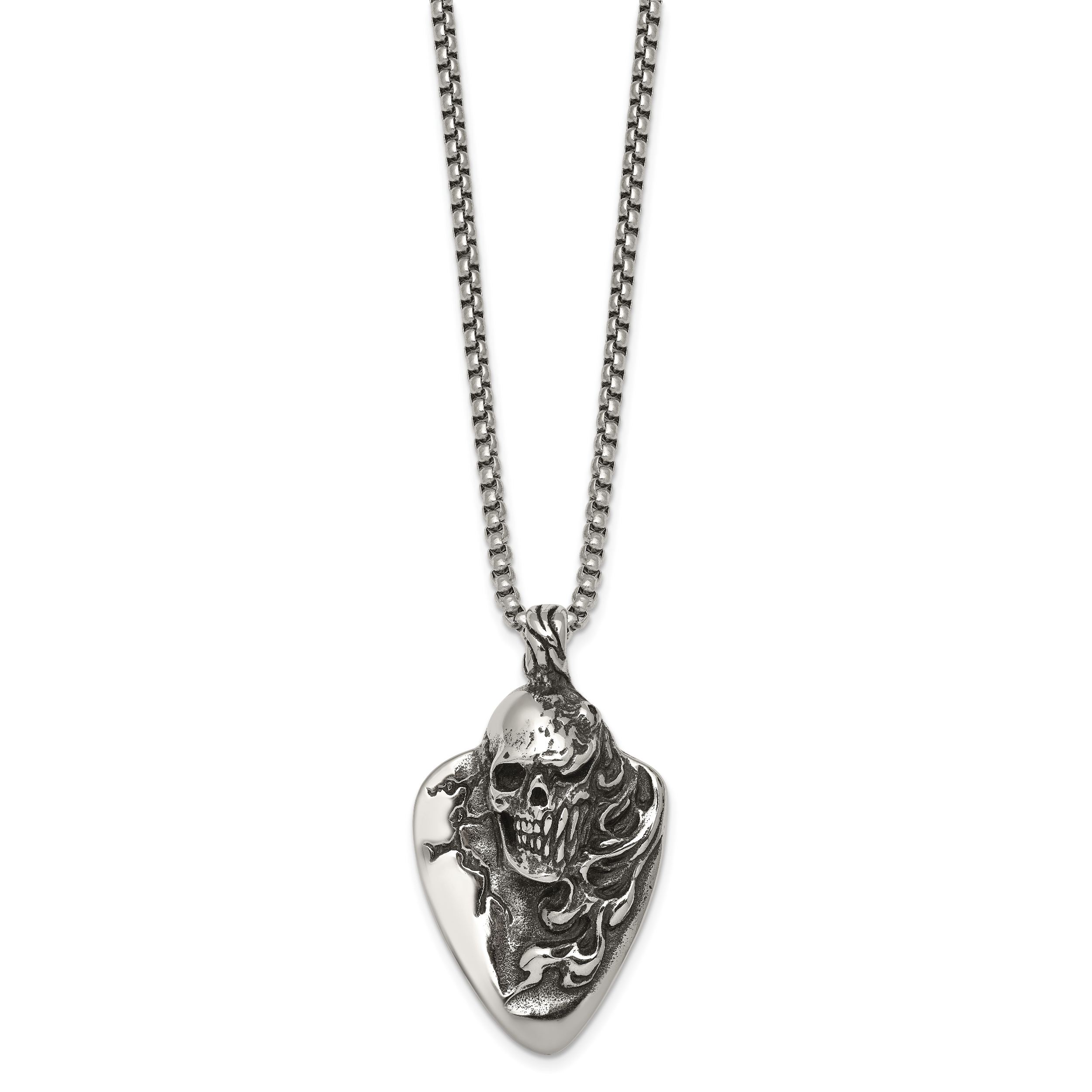Antiqued Skull Stainless Steel Rolo Chain Necklace