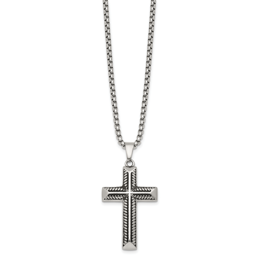 Antiqued Cross Stainless Steel Rolo Chain Necklace 24in