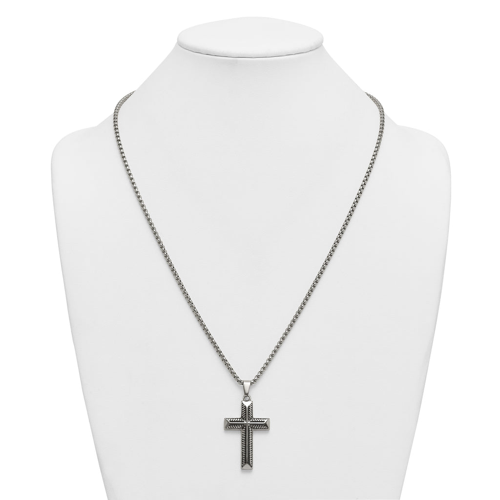 Antiqued Cross Stainless Steel Rolo Chain Necklace 24in