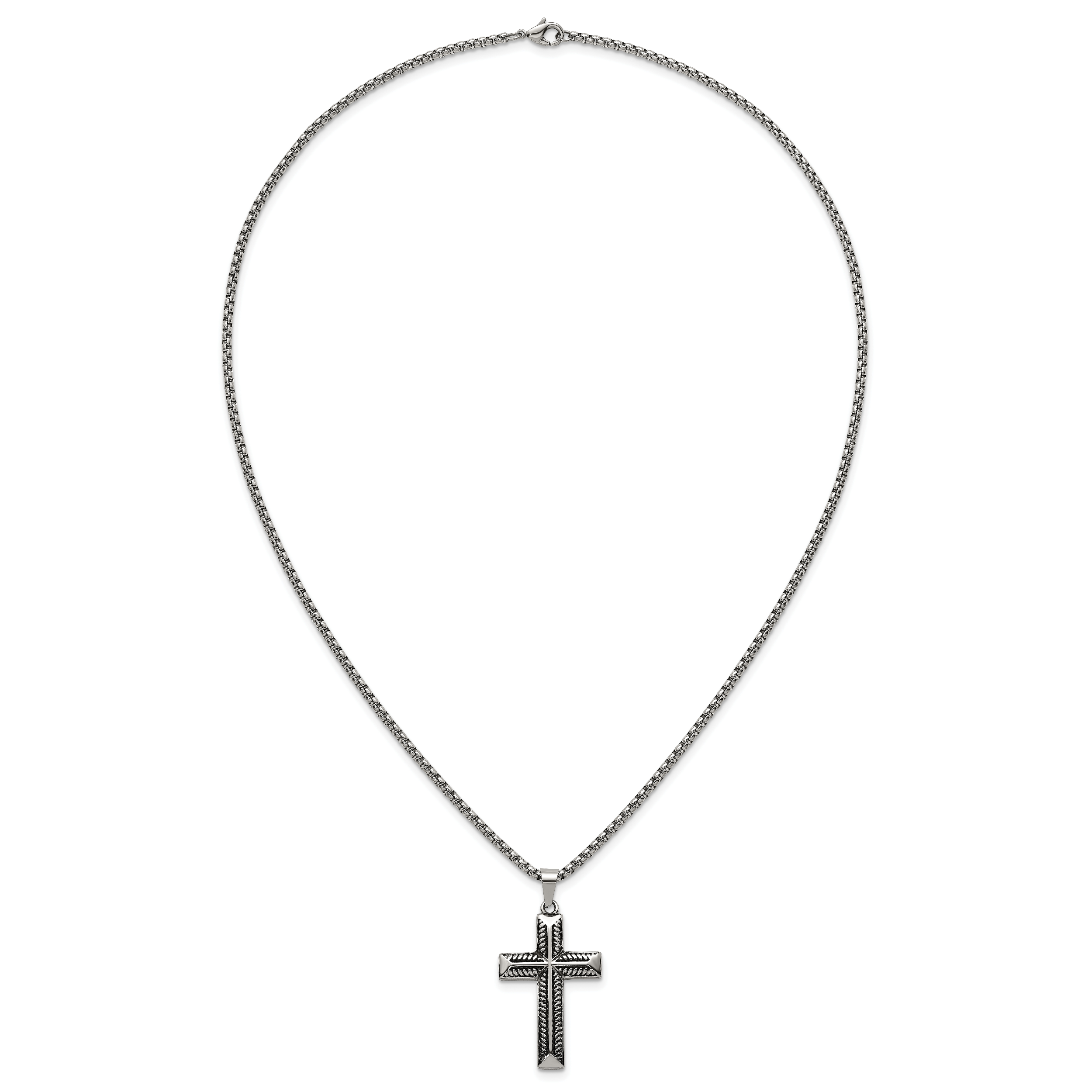 Antiqued Cross Stainless Steel Rolo Chain Necklace 24in