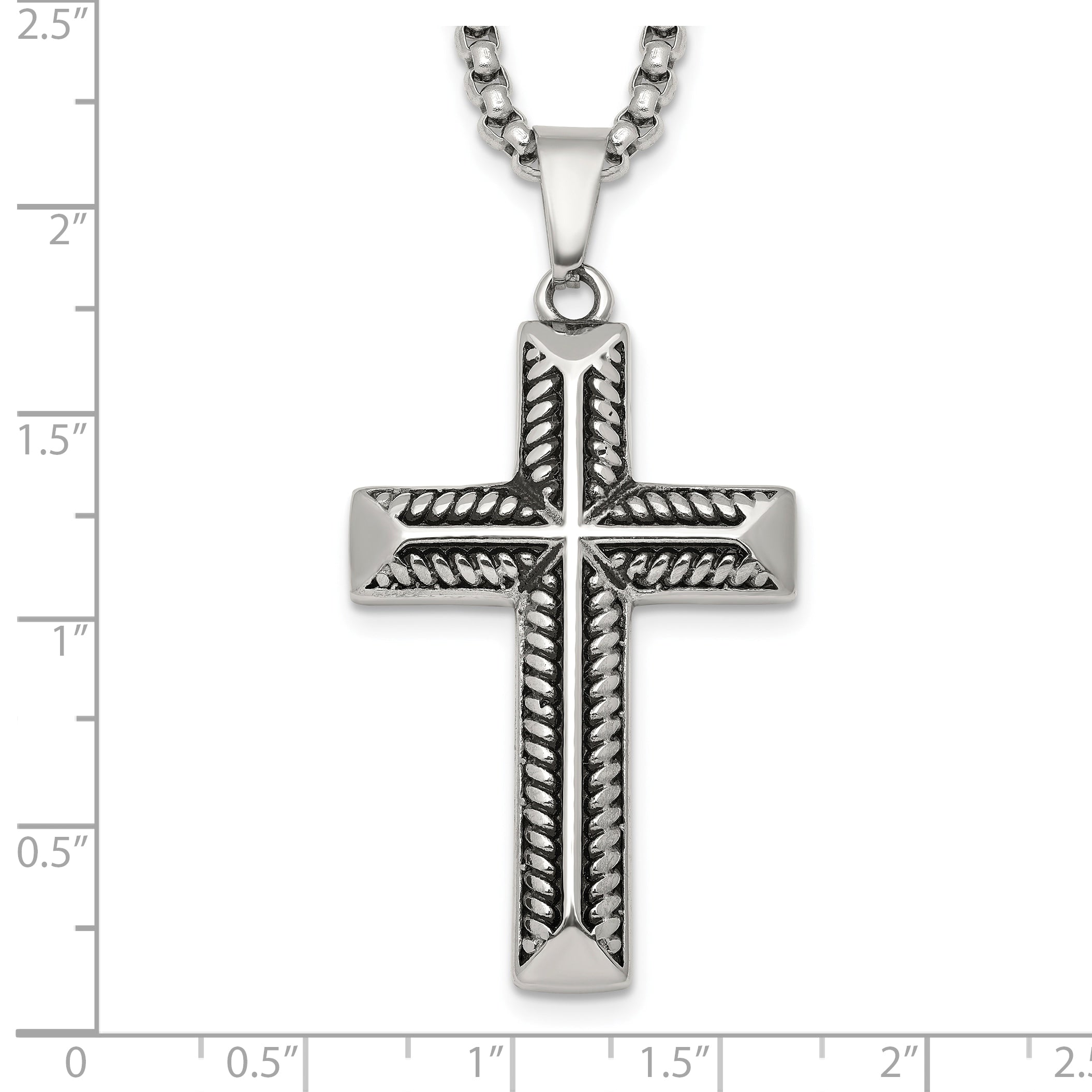 Antiqued Cross Stainless Steel Rolo Chain Necklace 24in