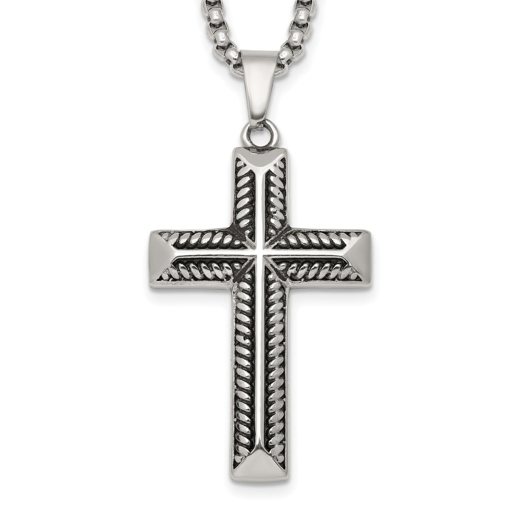 Antiqued Cross Stainless Steel Rolo Chain Necklace 24in
