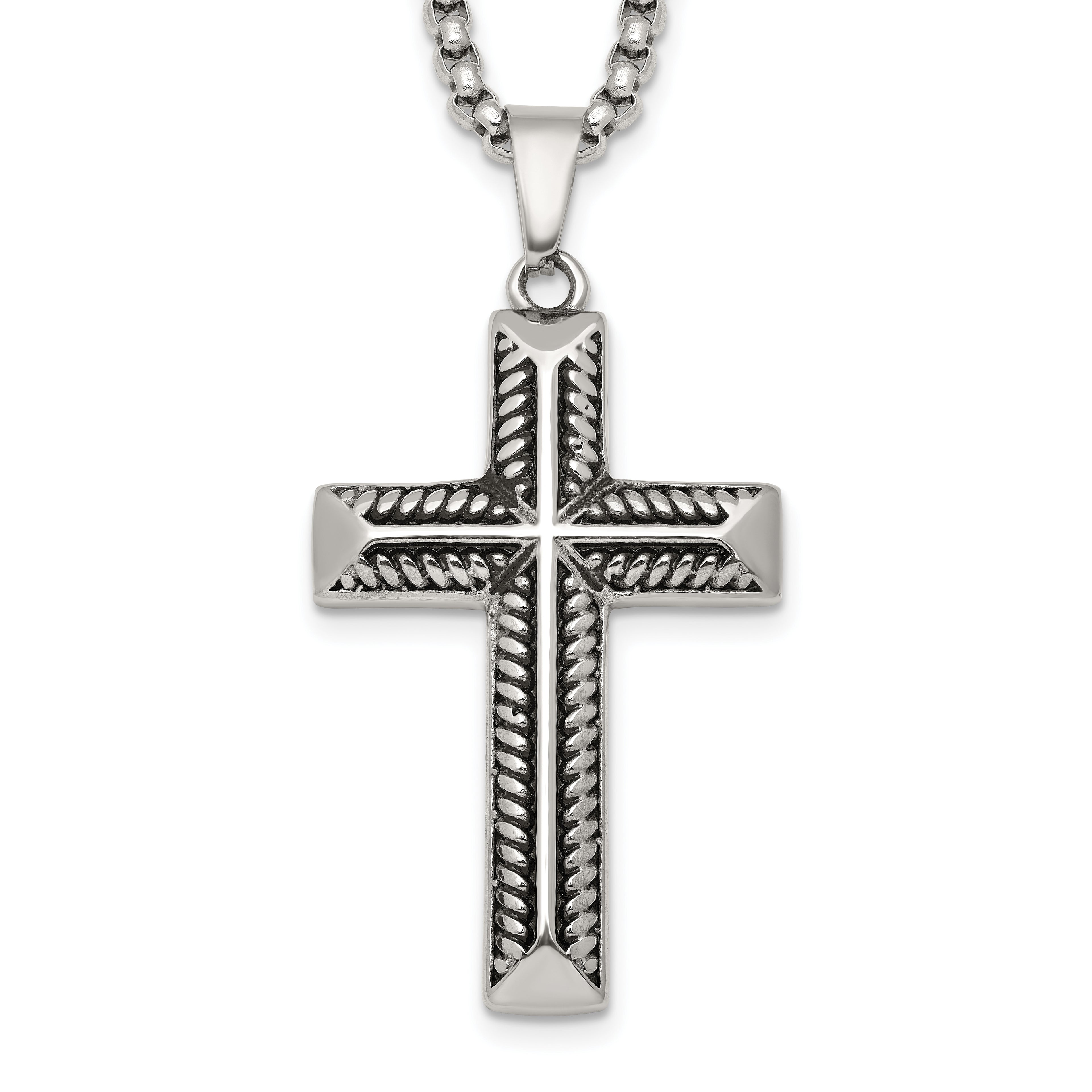 Antiqued Cross Stainless Steel Rolo Chain Necklace 24in