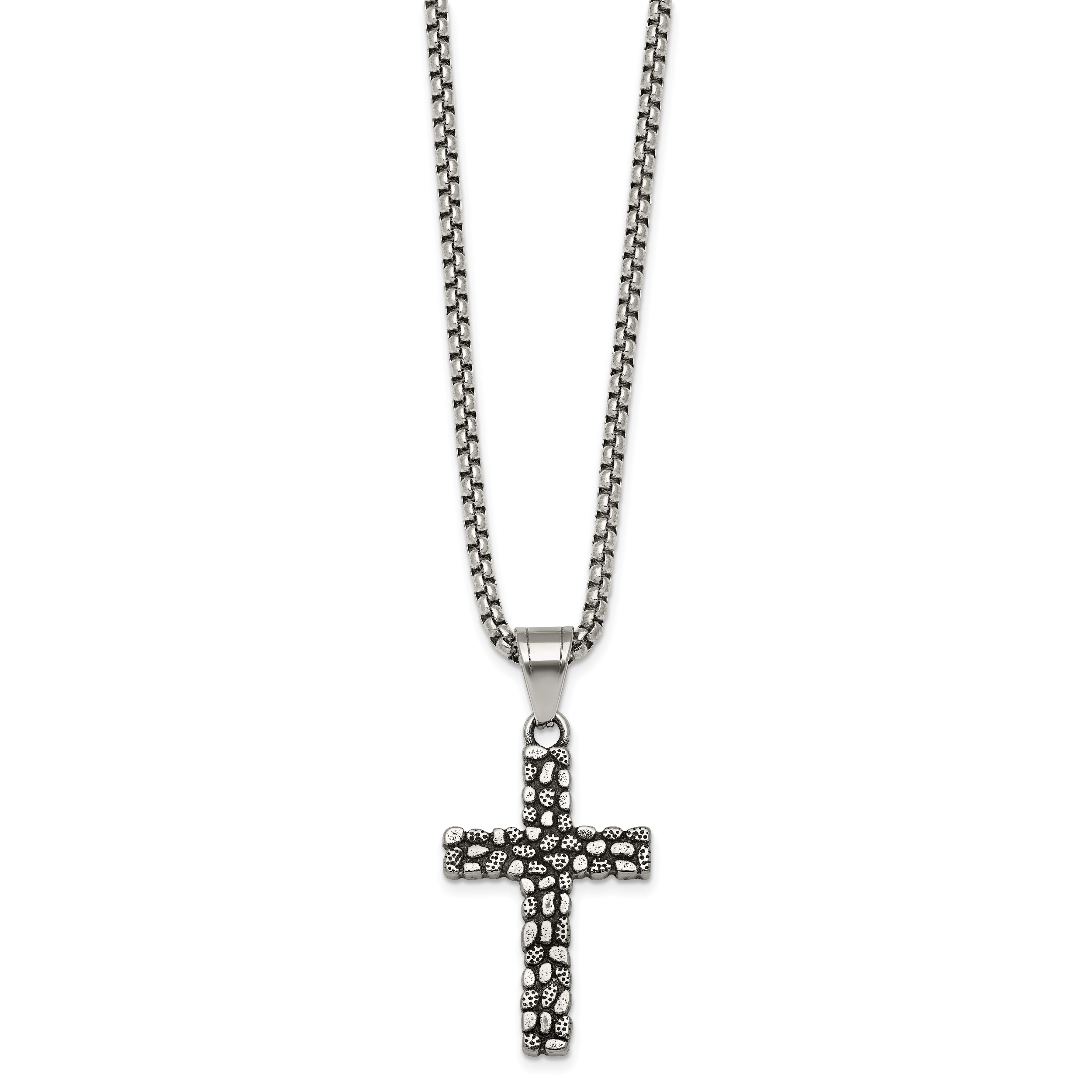 Antiqued Cross Stainless Steel Rolo Chain Necklace Textured