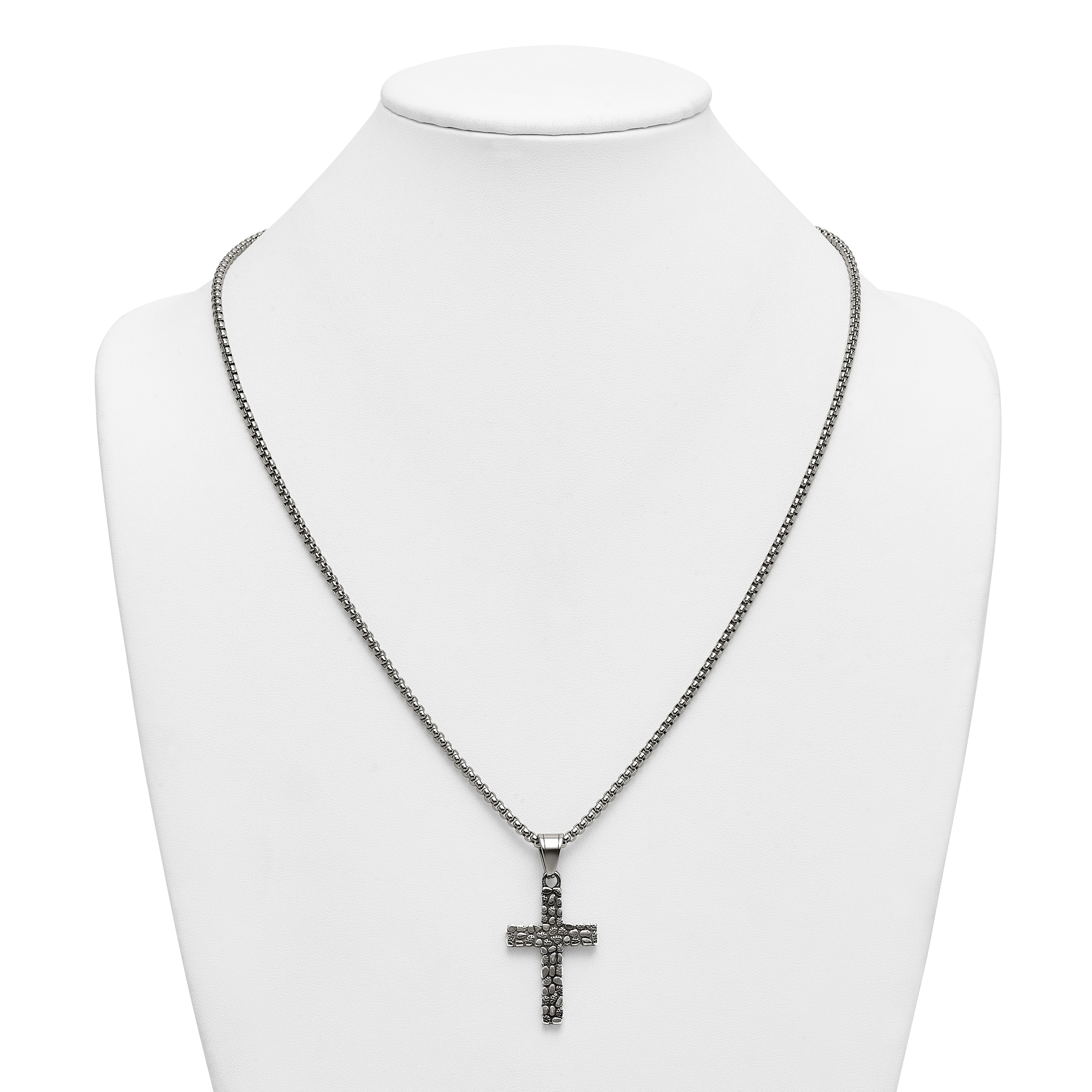 Antiqued Cross Stainless Steel Rolo Chain Necklace Textured