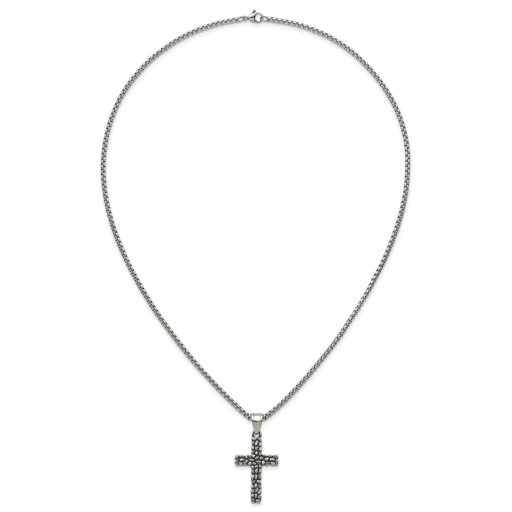 Antiqued Cross Stainless Steel Rolo Chain Necklace Textured
