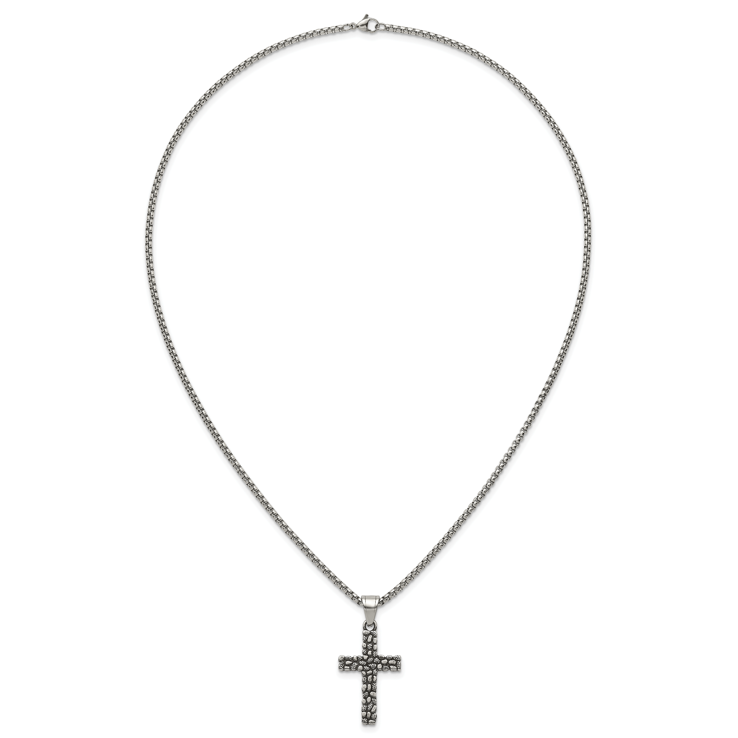 Antiqued Cross Stainless Steel Rolo Chain Necklace Textured