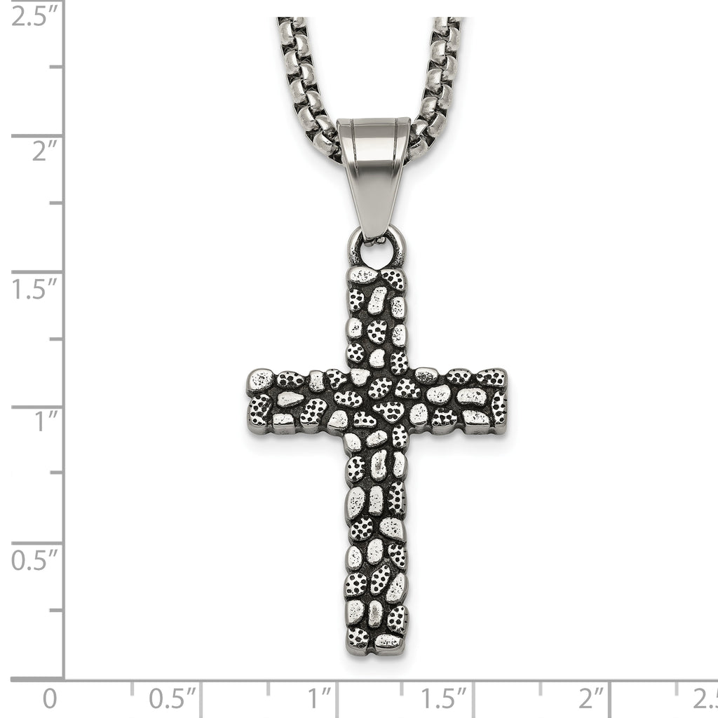 Antiqued Cross Stainless Steel Rolo Chain Necklace Textured