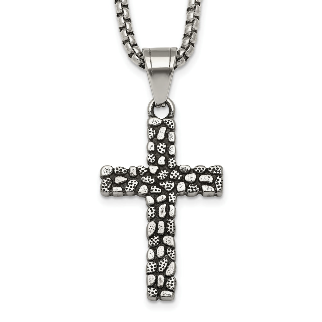 Antiqued Cross Stainless Steel Rolo Chain Necklace Textured