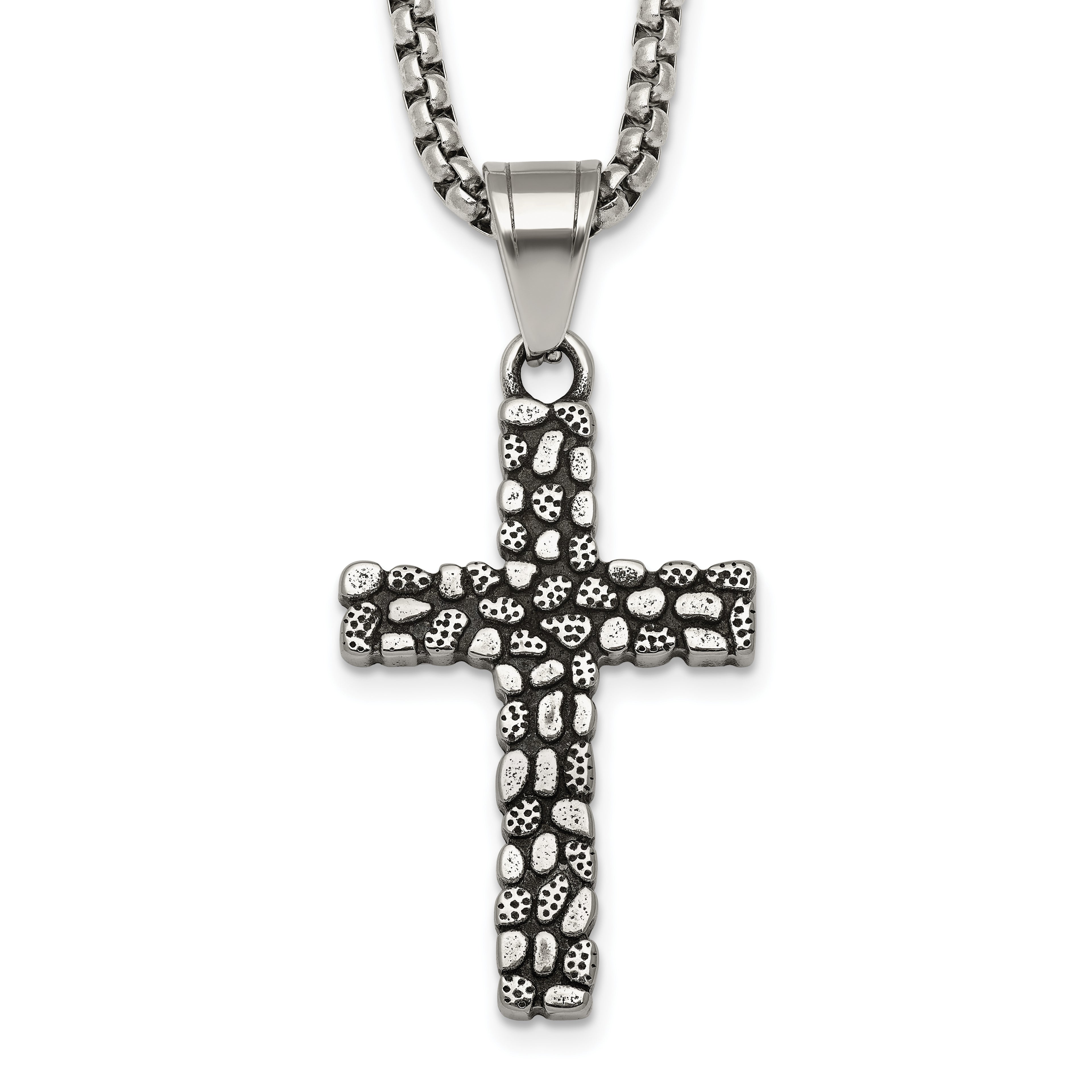 Antiqued Cross Stainless Steel Rolo Chain Necklace Textured