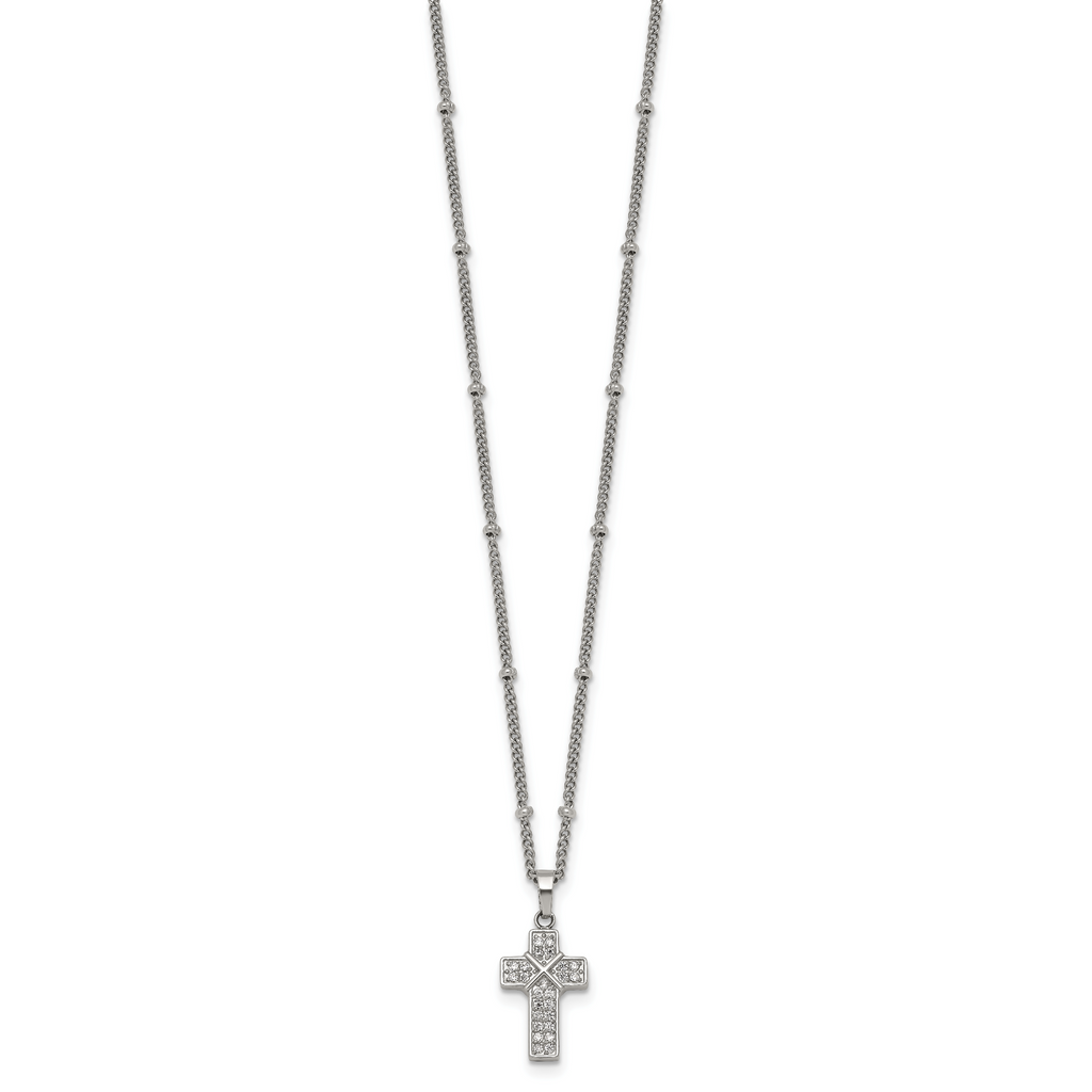 Polished Cubic Zirconia Cross Stainless Steel Necklace