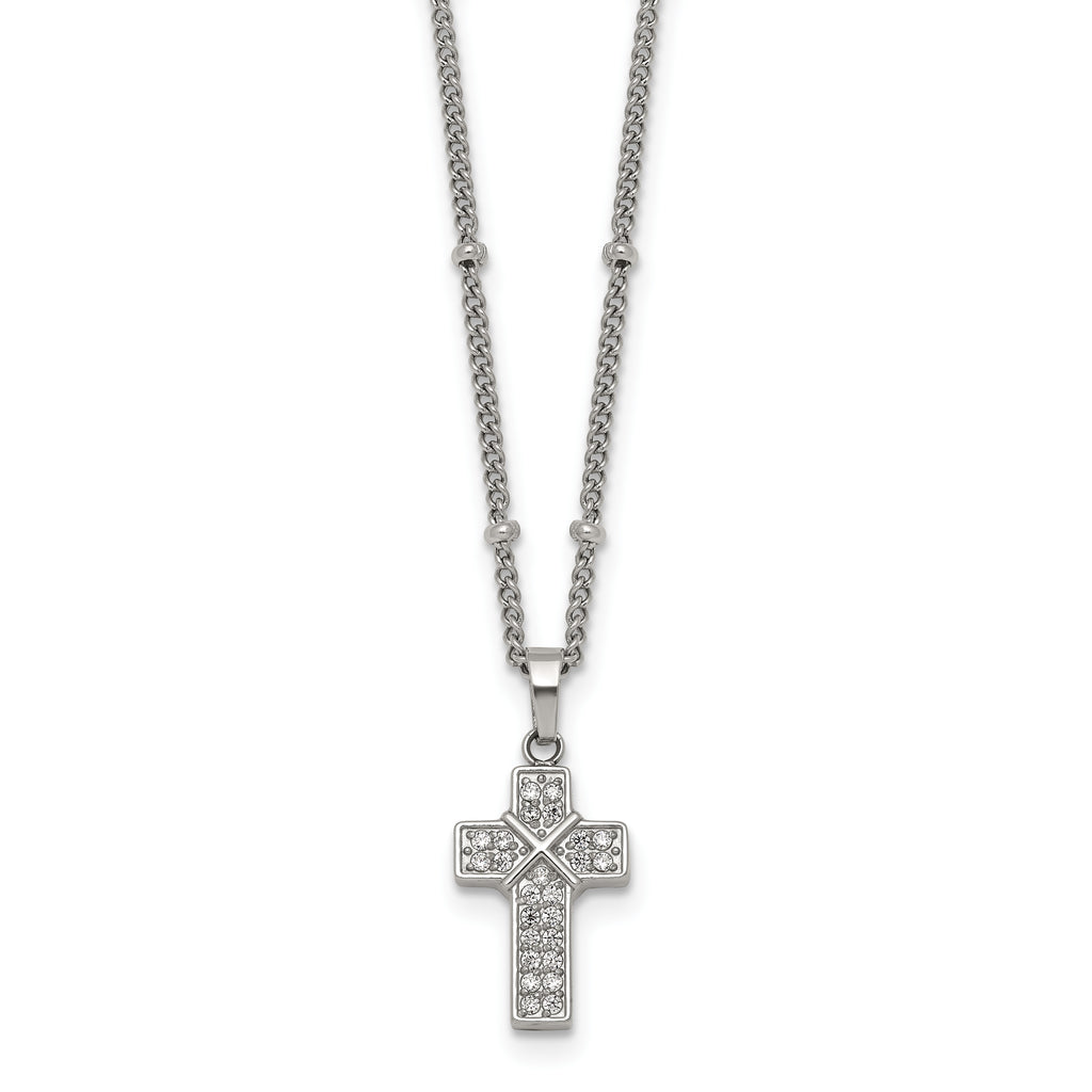 Polished Cubic Zirconia Cross Stainless Steel Necklace
