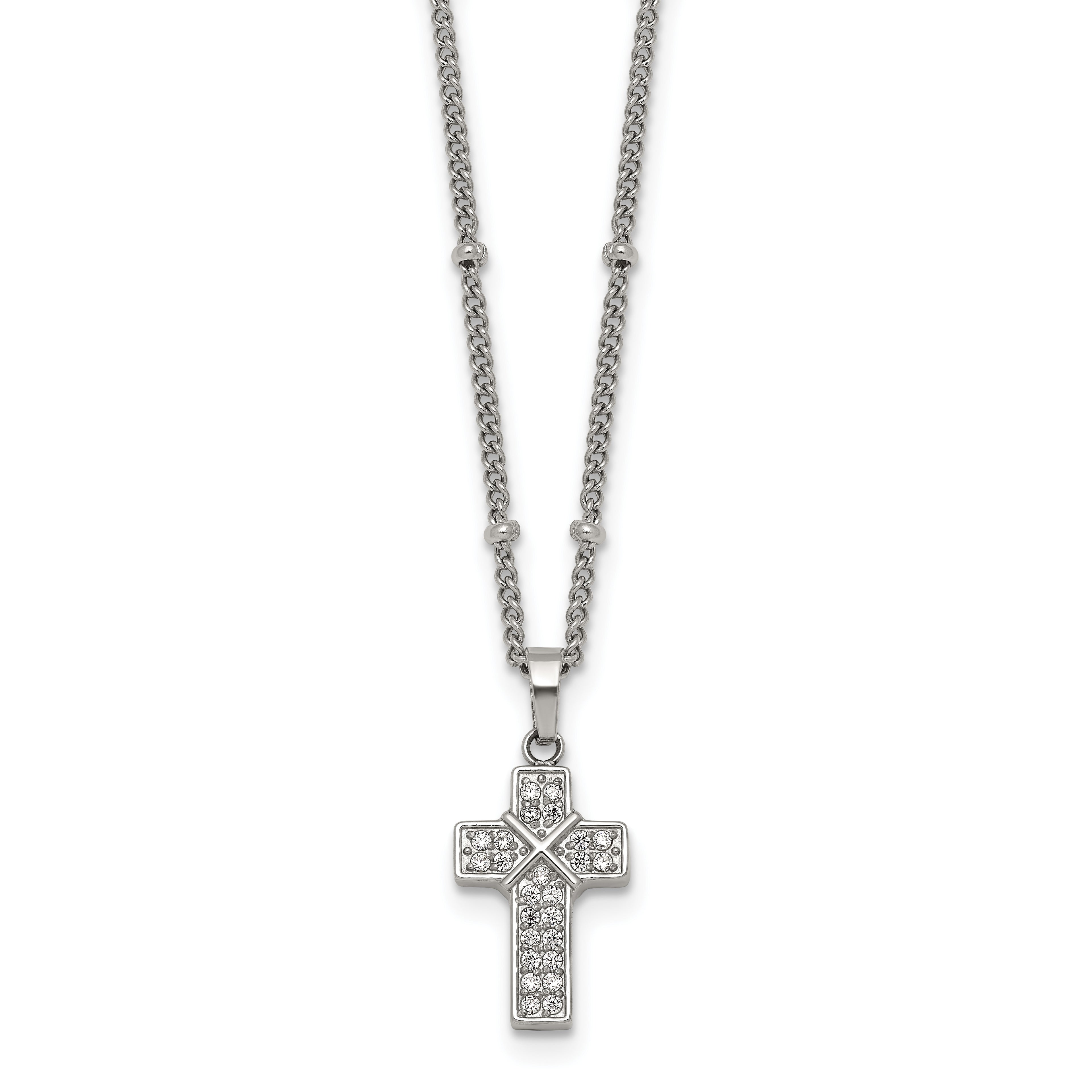 Polished Cubic Zirconia Cross Stainless Steel Necklace