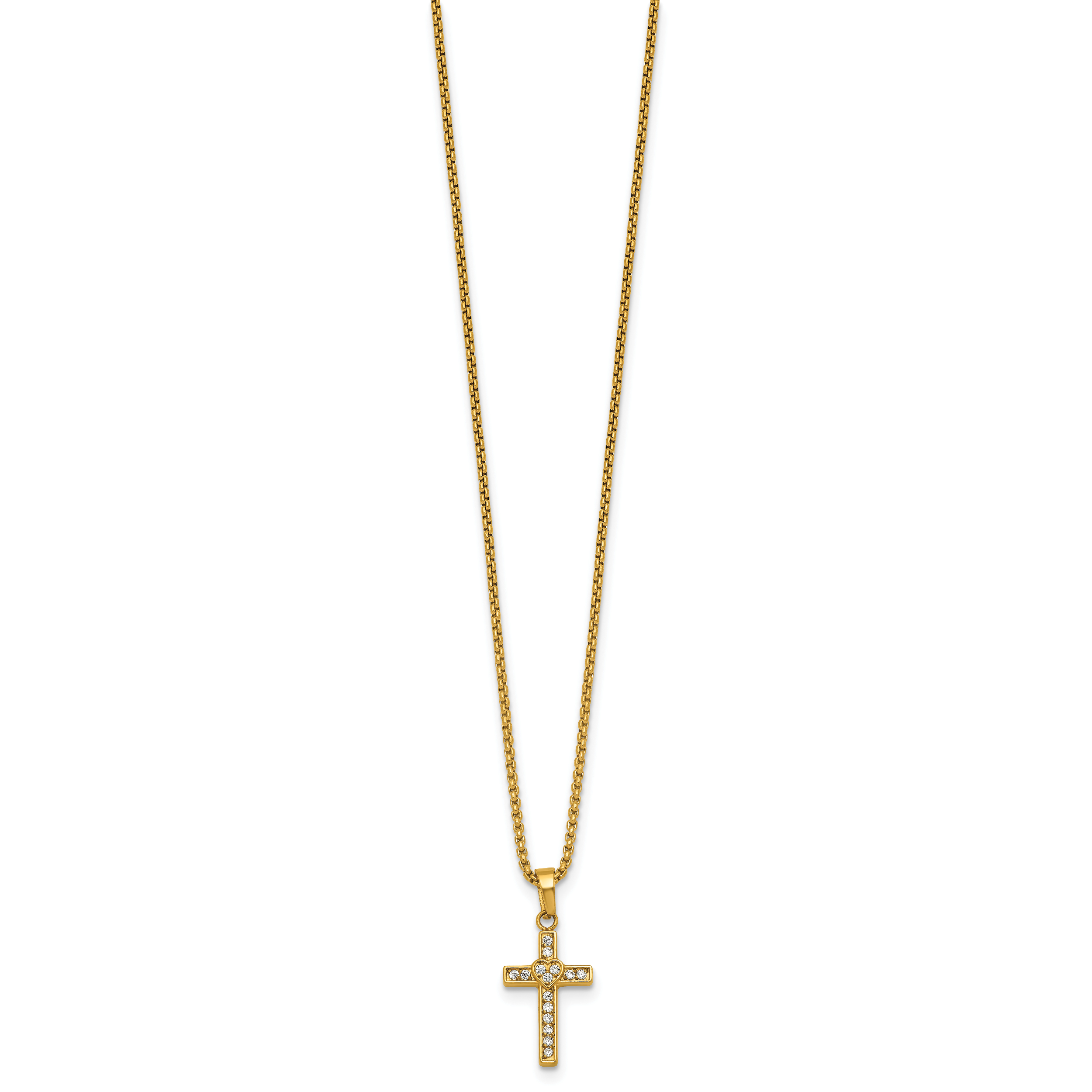 Gold-Tone Polished Cubic Zirconia Cross Stainless Steel Rolo Chain Necklace Secondary image
