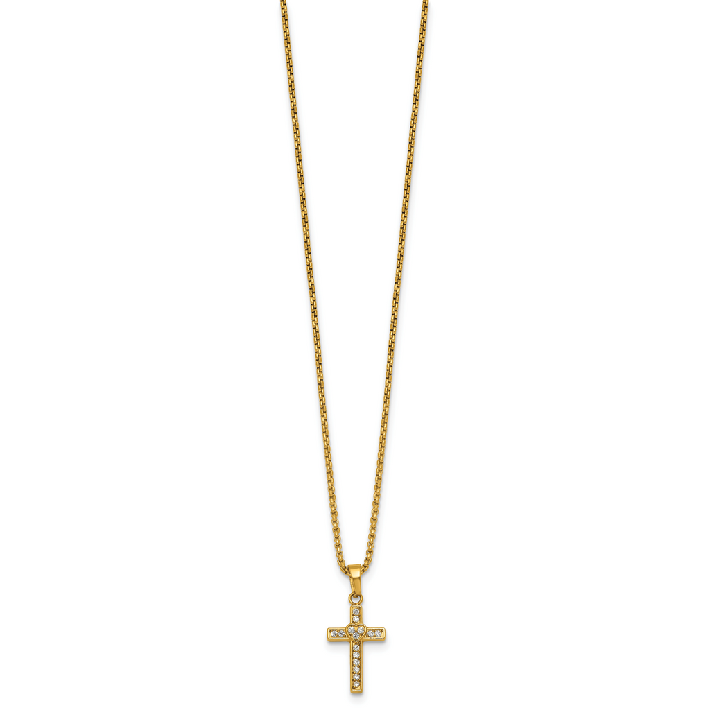 Gold-Tone Polished Cubic Zirconia Cross Stainless Steel Rolo Chain Necklace
