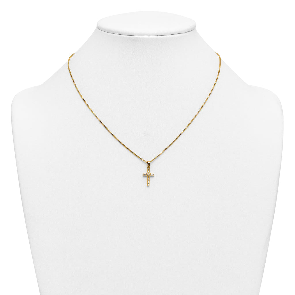 Gold-Tone Polished Cubic Zirconia Cross Stainless Steel Rolo Chain Necklace