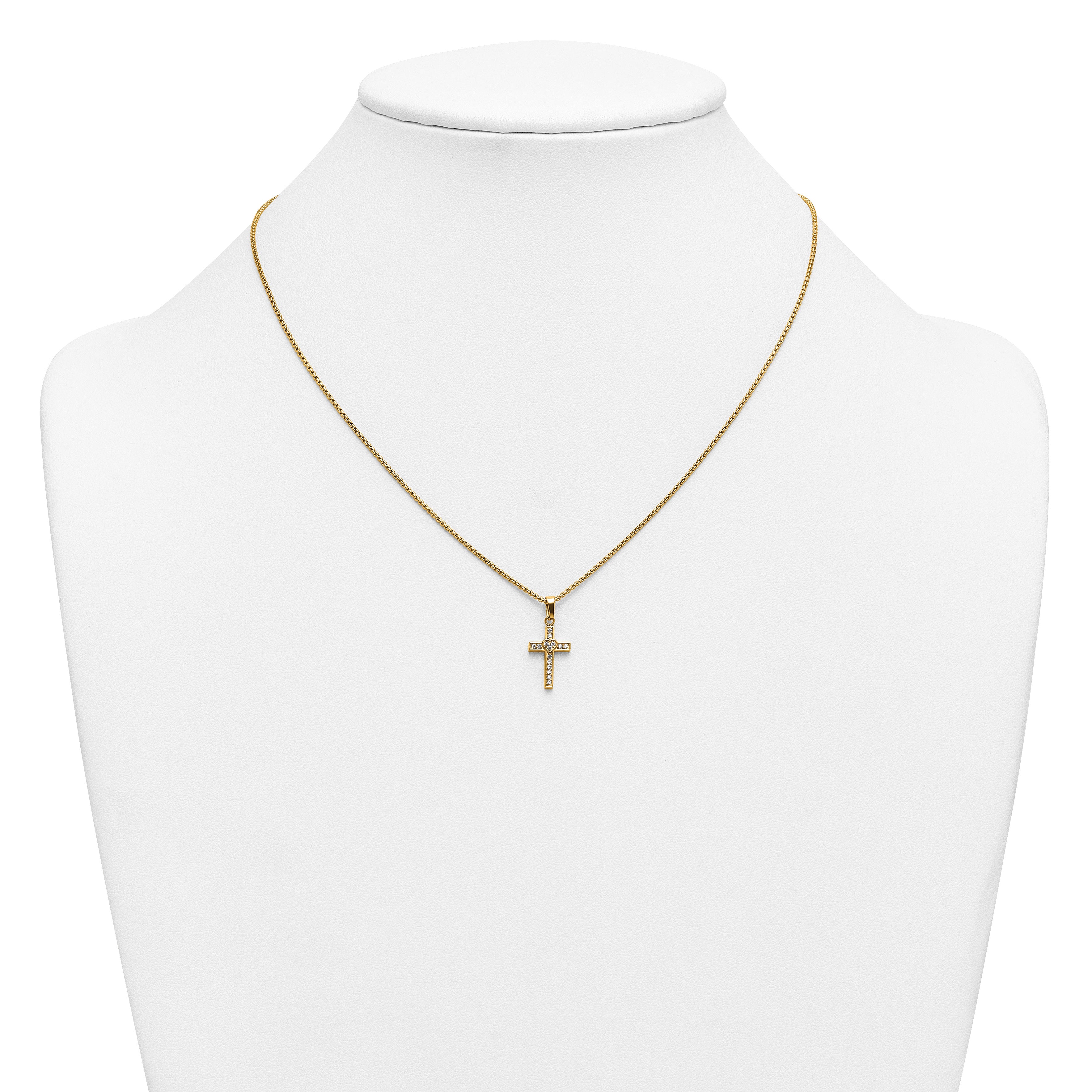 Gold-Tone Polished Cubic Zirconia Cross Stainless Steel Rolo Chain Necklace