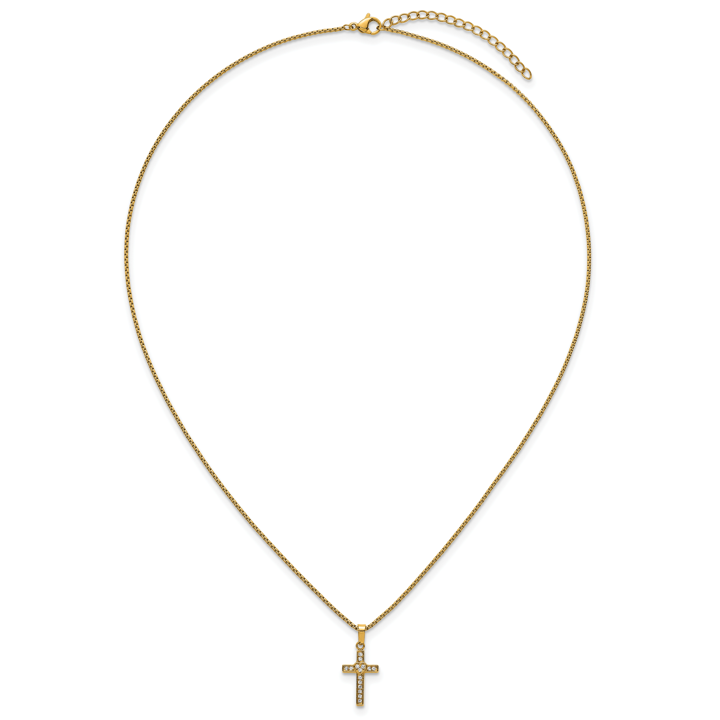 Gold-Tone Polished Cubic Zirconia Cross Stainless Steel Rolo Chain Necklace