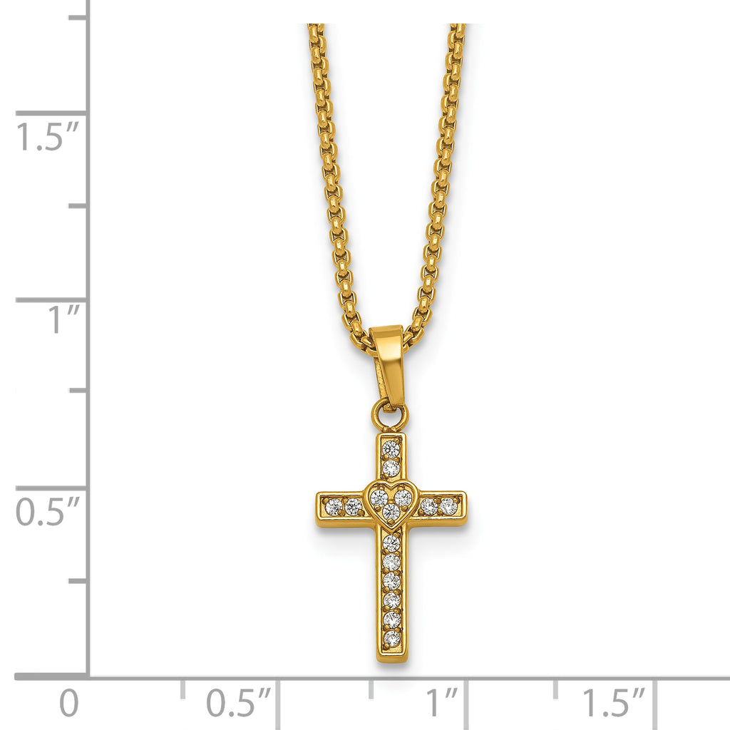Gold-Tone Polished Cubic Zirconia Cross Stainless Steel Rolo Chain Necklace
