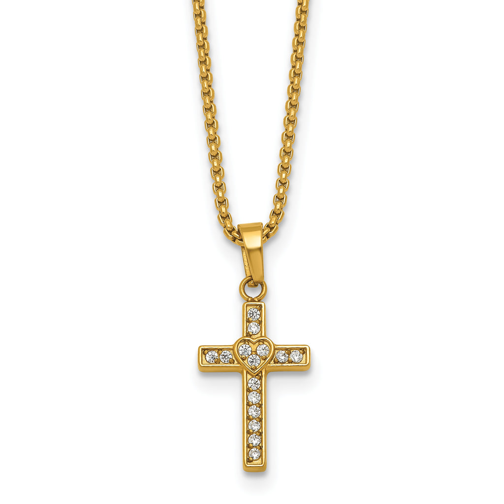 Gold-Tone Polished Cubic Zirconia Cross Stainless Steel Rolo Chain Necklace