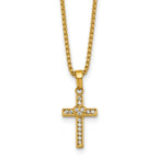 Gold-Tone Polished Cubic Zirconia Cross Stainless Steel Rolo Chain Necklace