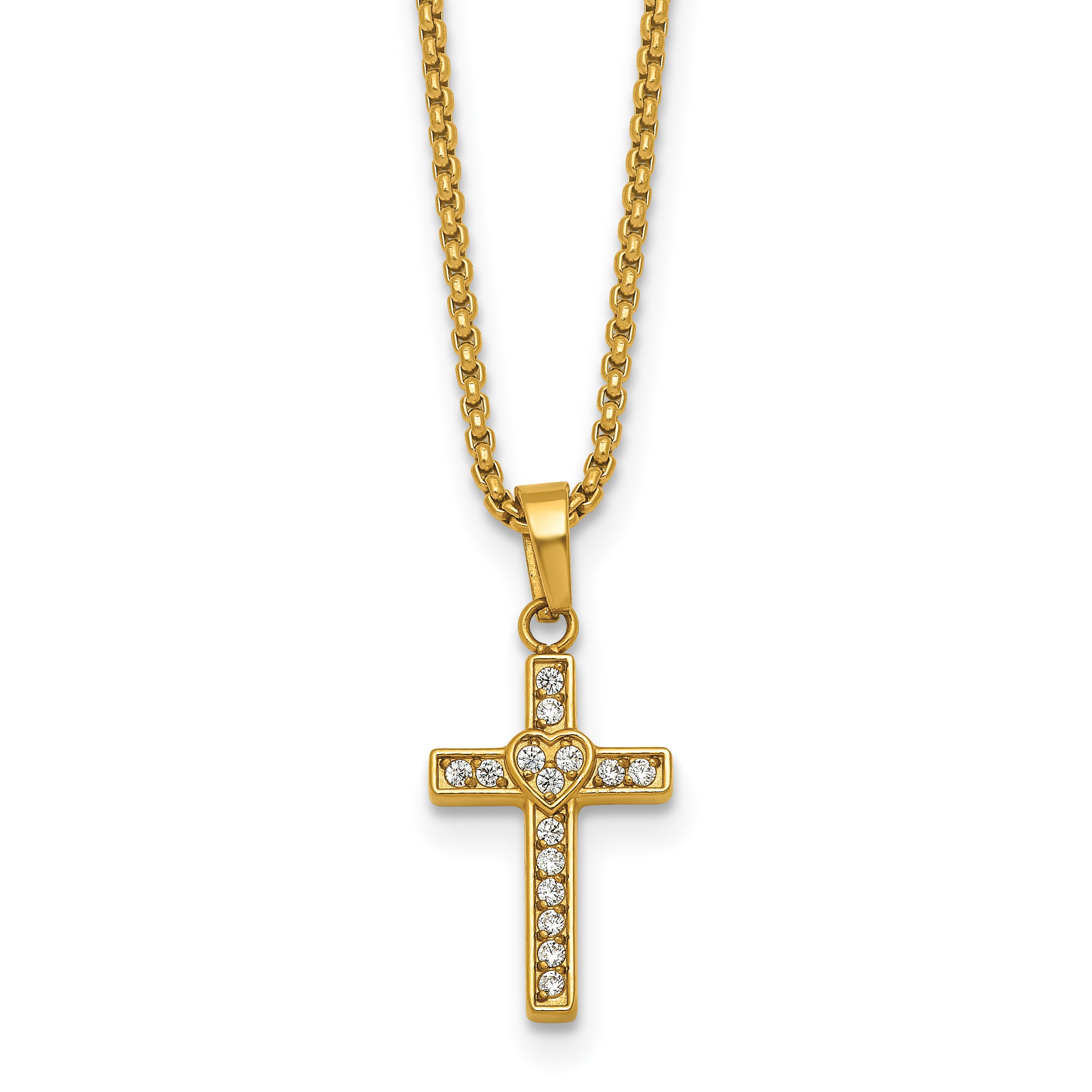 Gold-Tone Polished Cubic Zirconia Cross Stainless Steel Rolo Chain Necklace