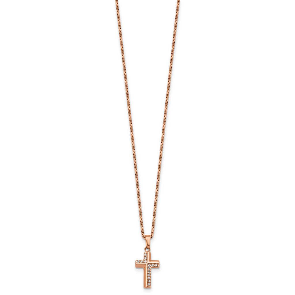 Rose-Tone Polished Cubic Zirconia Cross Stainless Steel Rolo Chain Necklace