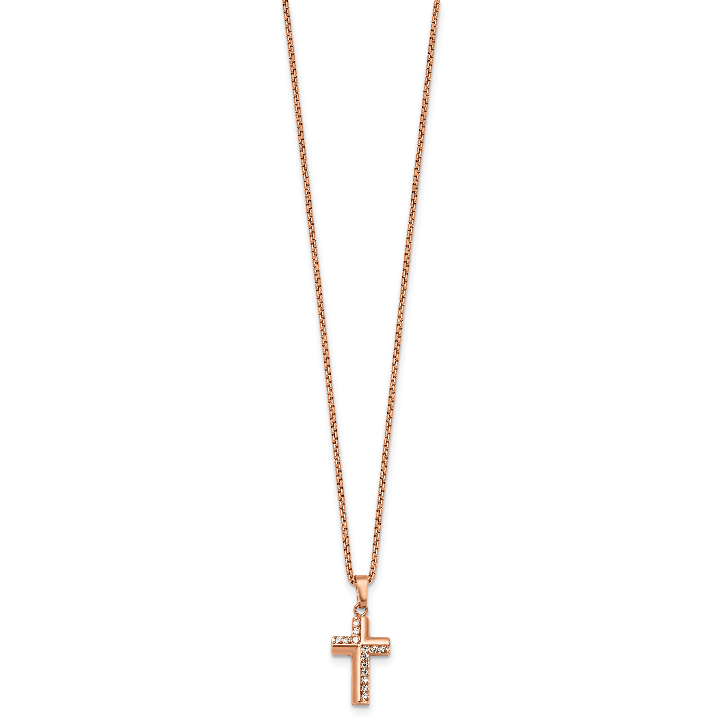Rose-Tone Polished Cubic Zirconia Cross Stainless Steel Rolo Chain Necklace
