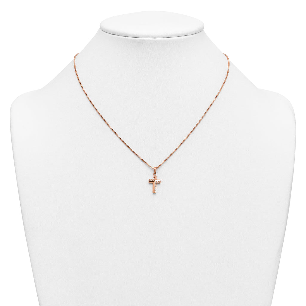 Rose-Tone Polished Cubic Zirconia Cross Stainless Steel Rolo Chain Necklace