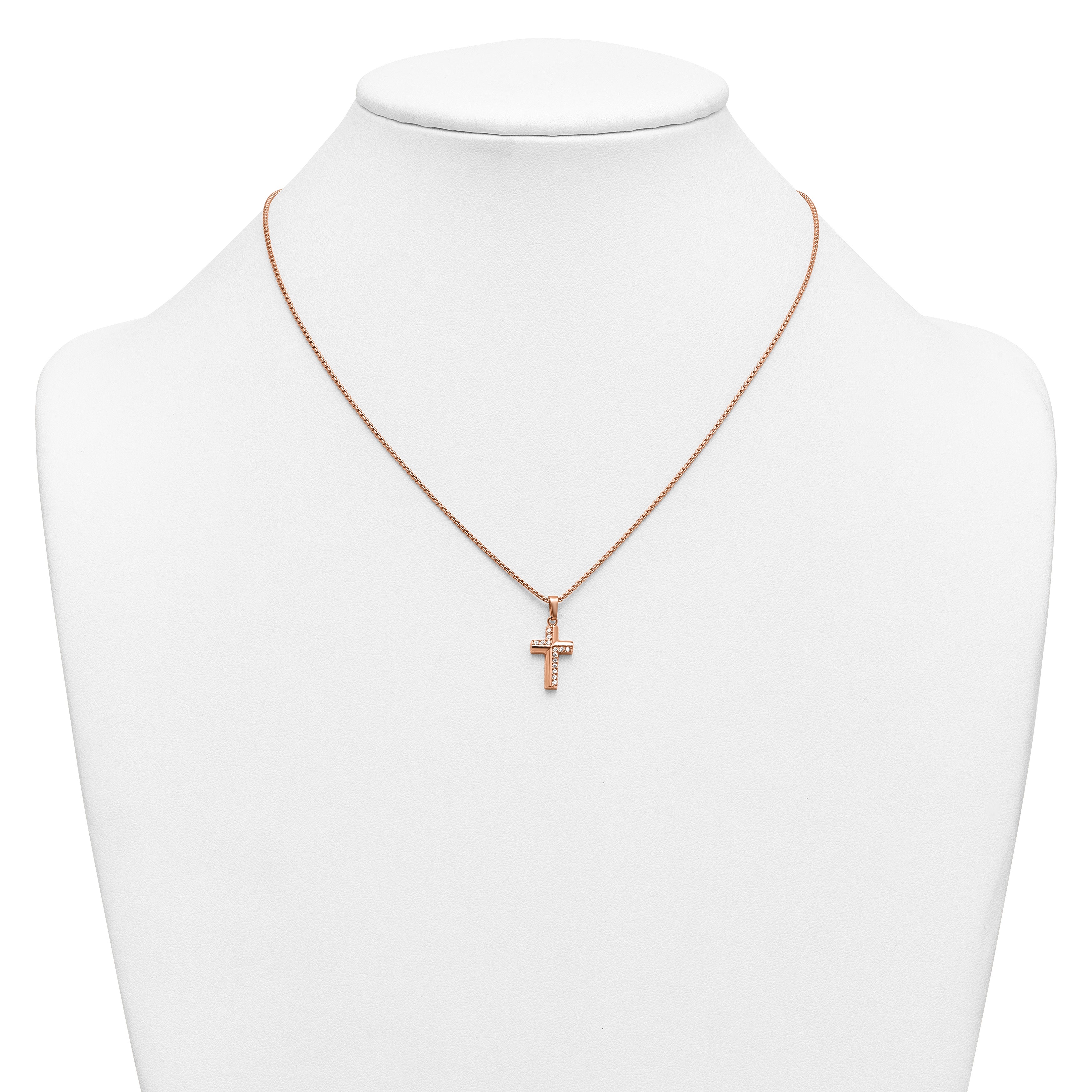 Rose-Tone Polished Cubic Zirconia Cross Stainless Steel Rolo Chain Necklace