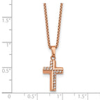 Rose-Tone Polished Cubic Zirconia Cross Stainless Steel Rolo Chain Necklace