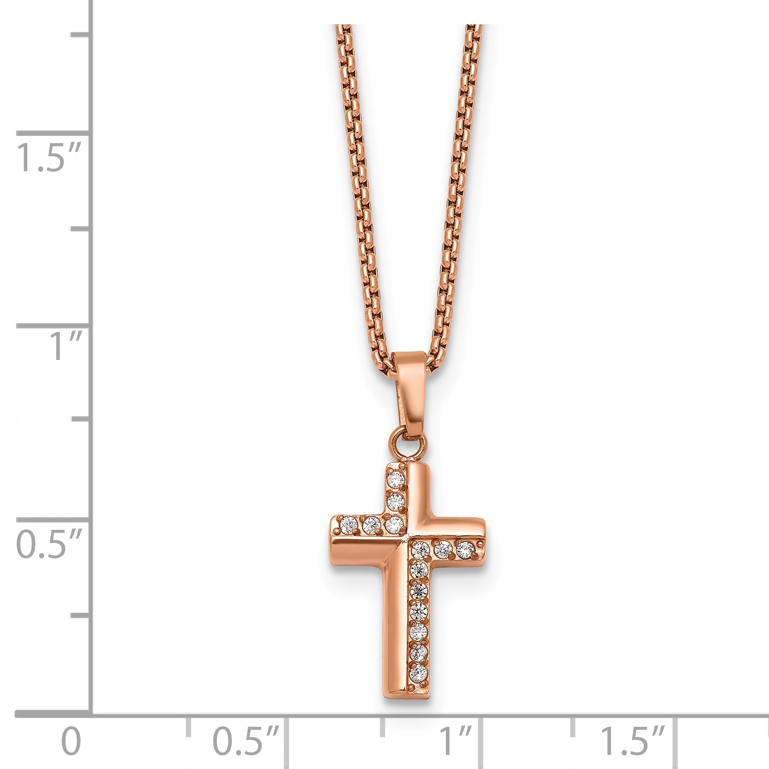 Rose-Tone Polished Cubic Zirconia Cross Stainless Steel Rolo Chain Necklace