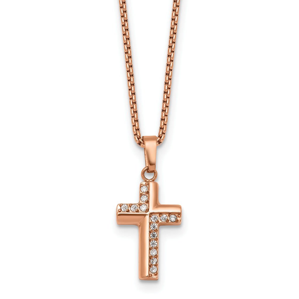 Rose-Tone Polished Cubic Zirconia Cross Stainless Steel Rolo Chain Necklace