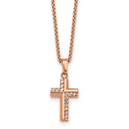 Rose-Tone Polished Cubic Zirconia Cross Stainless Steel Rolo Chain Necklace